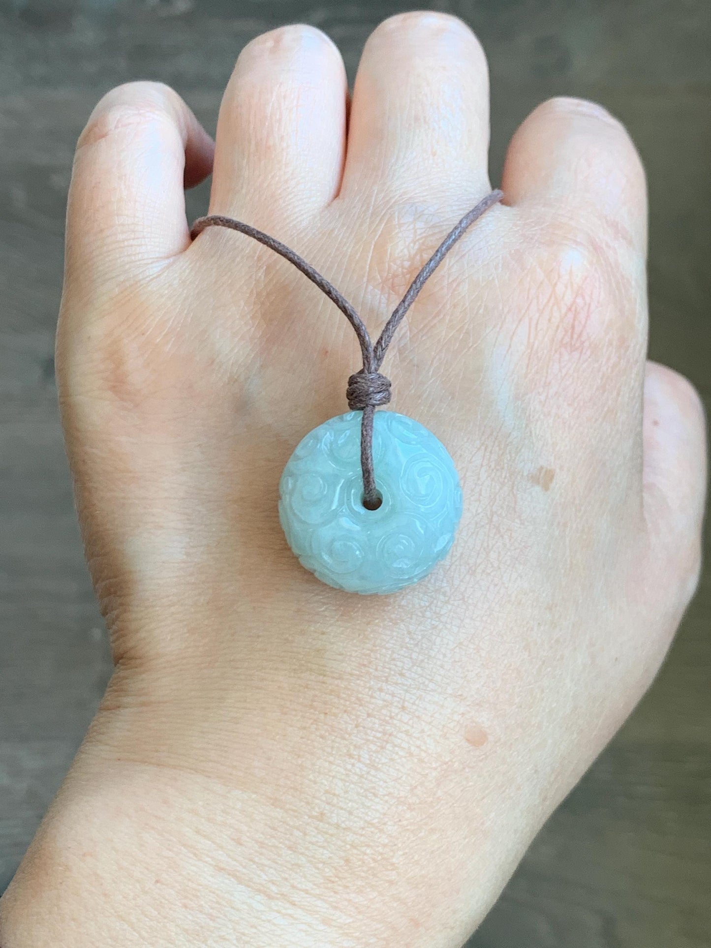 Natural Grade A Icy Translucent Pastel Green Jade Jadeite Engraved Ping An Kou Donut Pendant Rope Necklace 25" 天然淡晴底翡翠仿古雕平安扣吊坠 FGZ90B