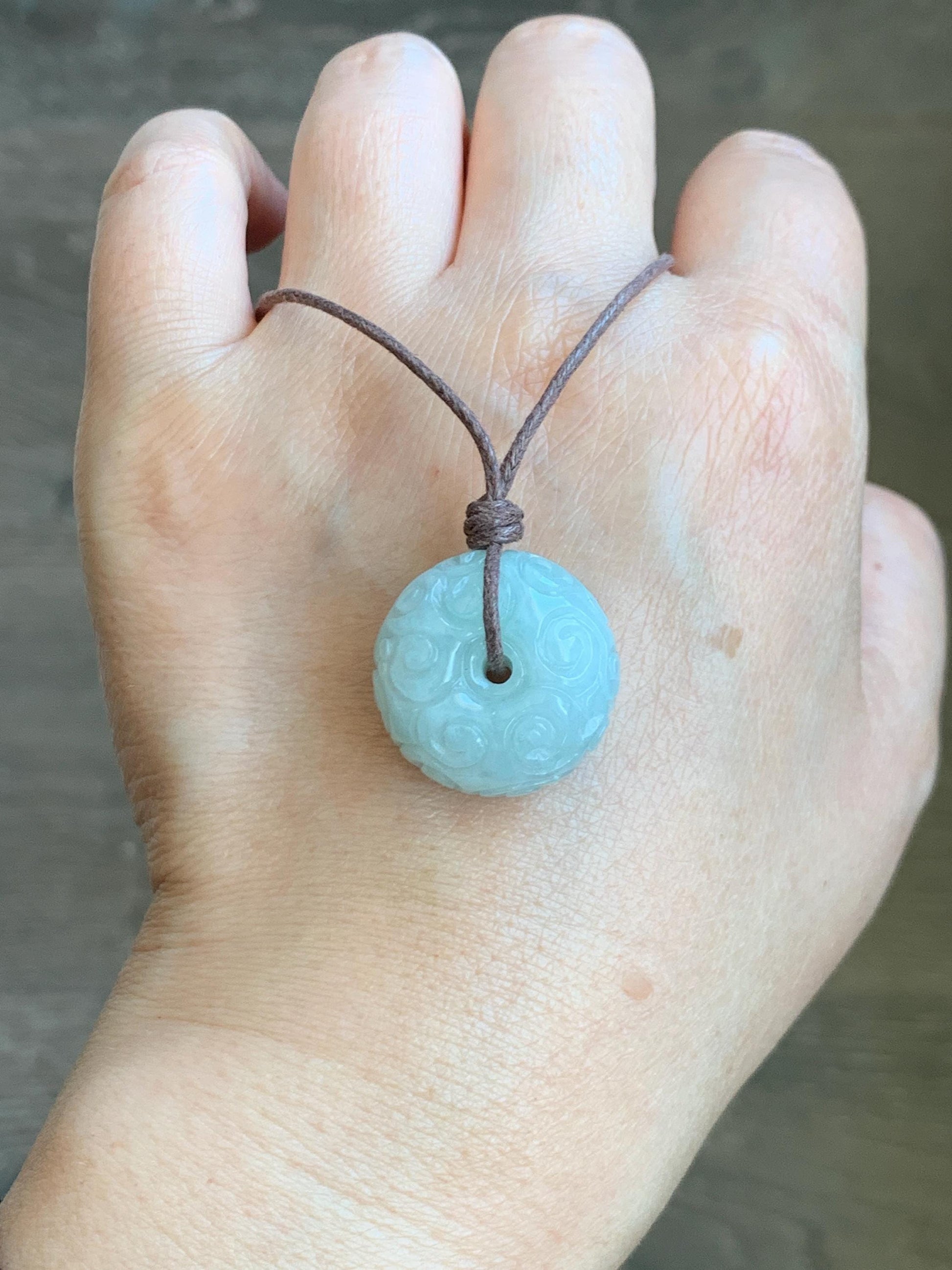 Natural Grade A Icy Translucent Pastel Green Jade Jadeite Engraved Ping An Kou Donut Pendant Rope Necklace 25" 天然淡晴底翡翠仿古雕平安扣吊坠 FGZ90B
