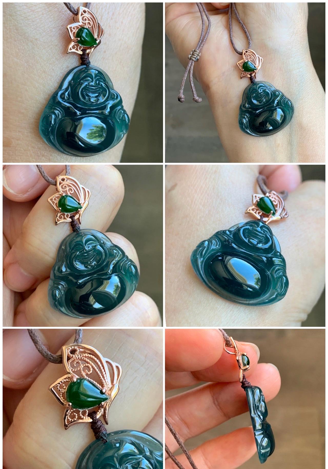 Natural Grade A Guatemalan Icy Translucent Dark Indigo Blue Jadeite Buddha Pendant Green Jadeite Bail Sterling Silver 天然冰危老种深蓝翡翠佛公危绿顶珠吊坠 NZF