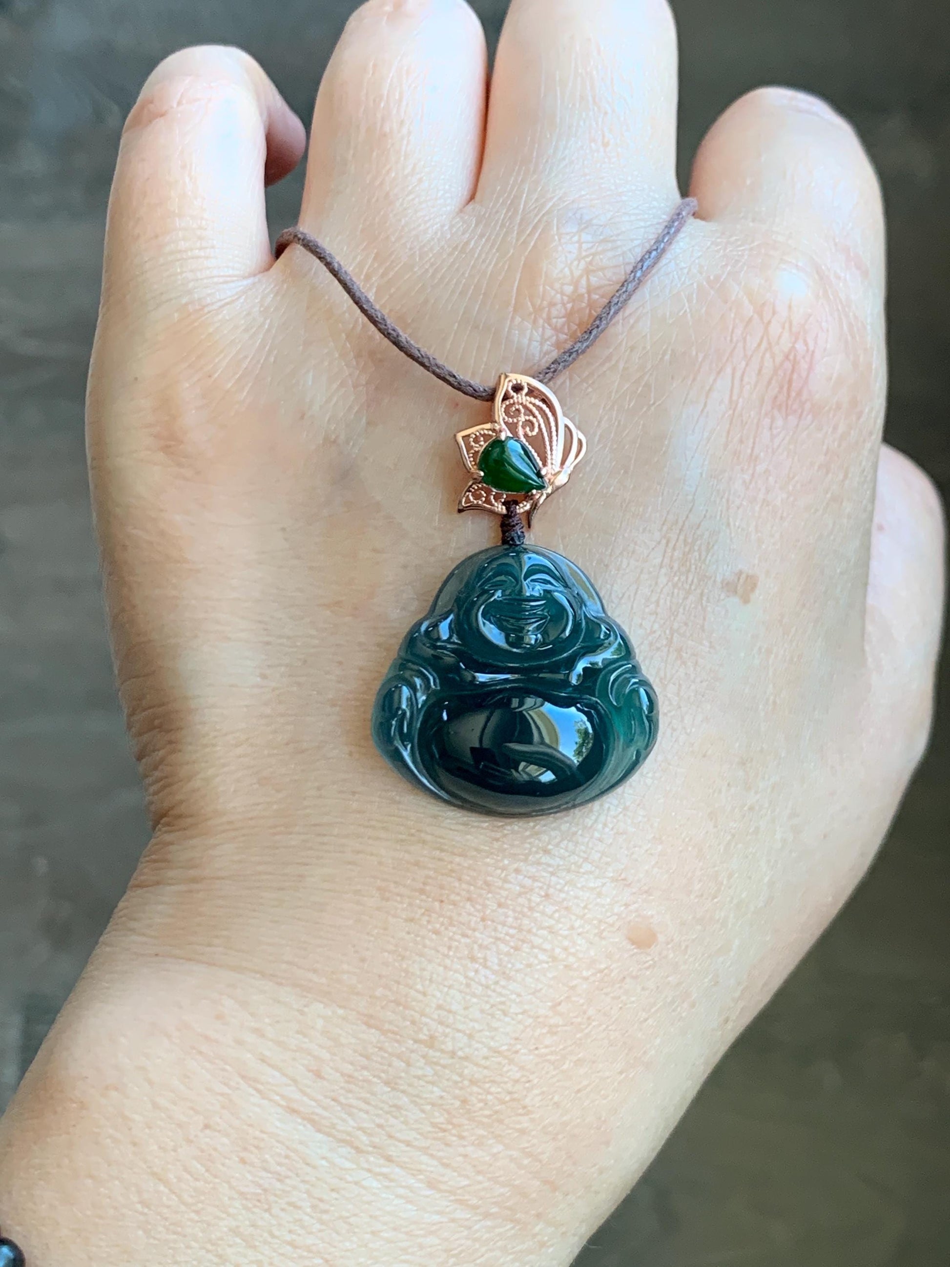 Natural Grade A Guatemalan Icy Translucent Dark Indigo Blue Jadeite Buddha Pendant Green Jadeite Bail Sterling Silver 天然冰危老种深蓝翡翠佛公危绿顶珠吊坠 NZF