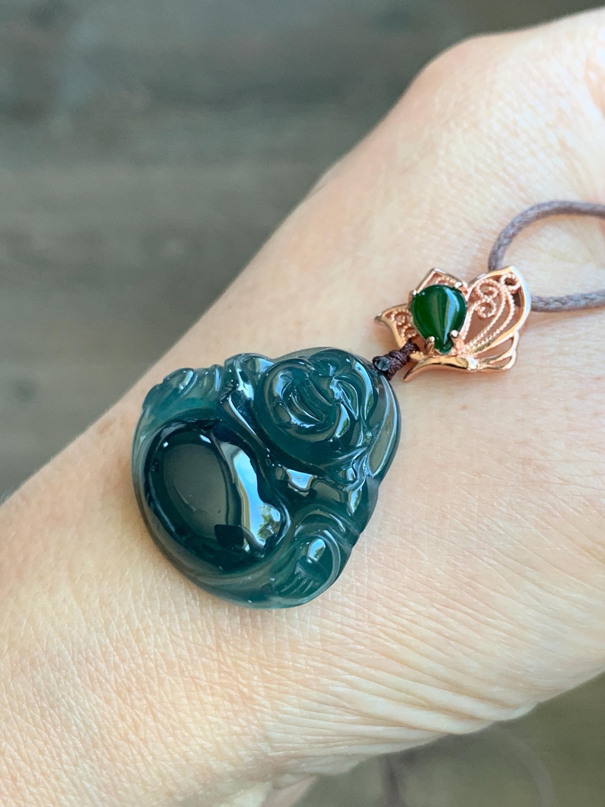 Natural Grade A Guatemalan Icy Translucent Dark Indigo Blue Jadeite Buddha Pendant Green Jadeite Bail Sterling Silver 天然冰危老种深蓝翡翠佛公危绿顶珠吊坠 NZF