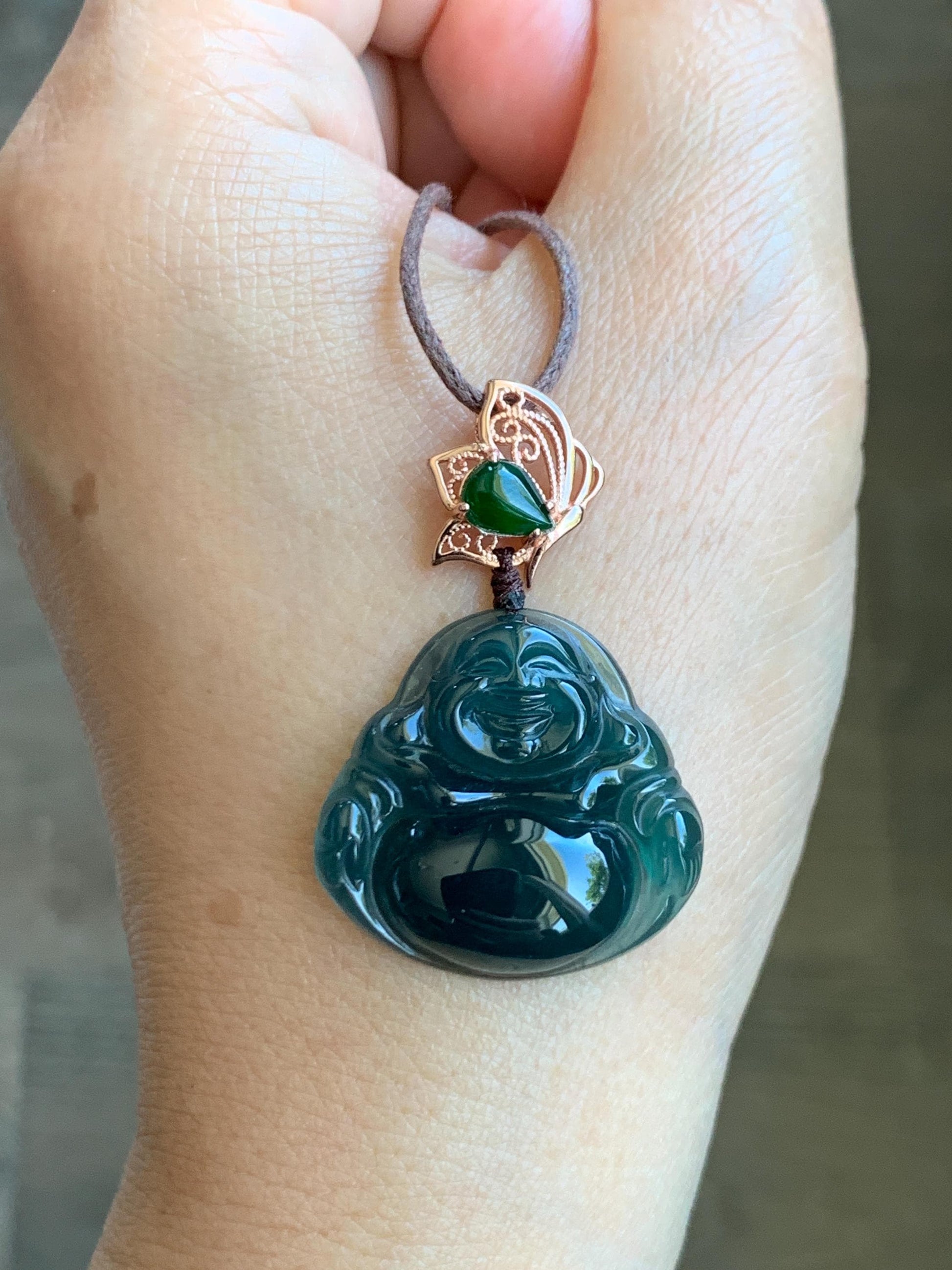 Natural Grade A Guatemalan Icy Translucent Dark Indigo Blue Jadeite Buddha Pendant Green Jadeite Bail Sterling Silver 天然冰危老种深蓝翡翠佛公危绿顶珠吊坠 NZF