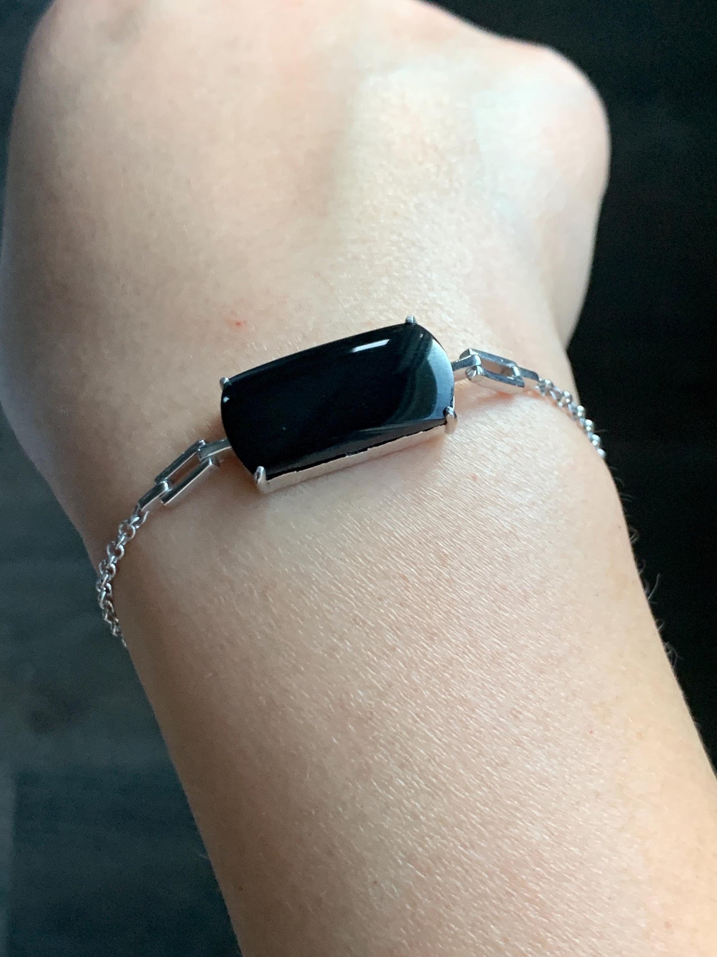 Certified Natural Grade A Opaque Black Jadeite Saddle Cabochon Rolo Chain Bracelet S925 Sterling Silver 6"-7.25" 5.7g 天然墨翠马鞍蛋面银镶手链 7419