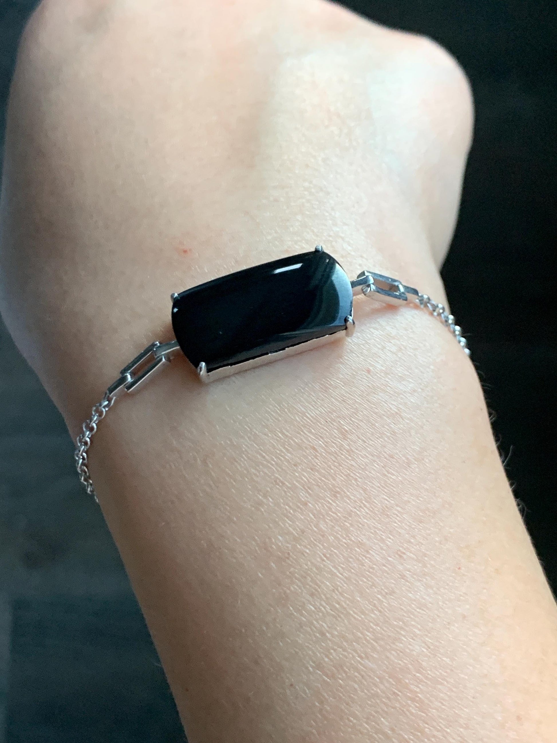 Certified Natural Grade A Opaque Black Jadeite Saddle Cabochon Rolo Chain Bracelet S925 Sterling Silver 6"-7.25" 5.7g 天然墨翠马鞍蛋面银镶手链 7419