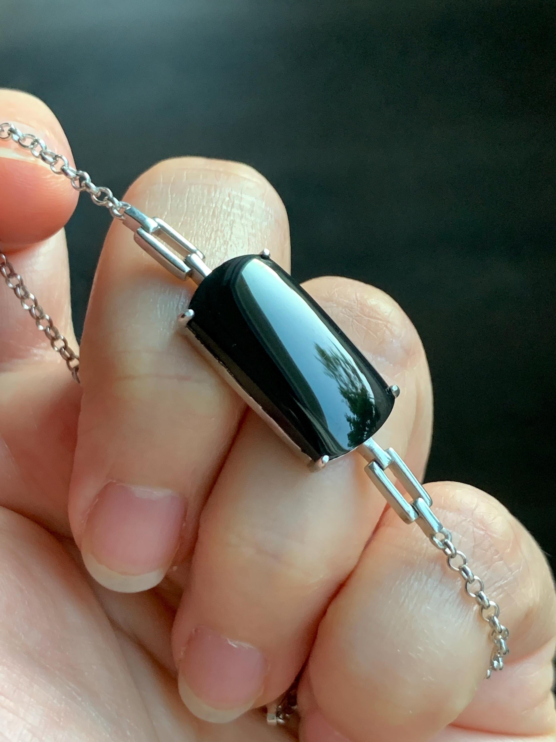 Certified Natural Grade A Opaque Black Jadeite Saddle Cabochon Rolo Chain Bracelet S925 Sterling Silver 6"-7.25" 5.7g 天然墨翠马鞍蛋面银镶手链 7419