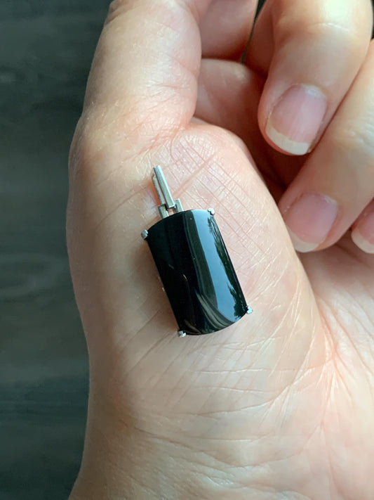Certified Natural Grade A Opaque Intense Black Jadeite Wu Shi Pai Saddle Cabochon Pendant Sterling Silver 4g 天然墨翠银镶马鞍无事牌封底吊坠 7418