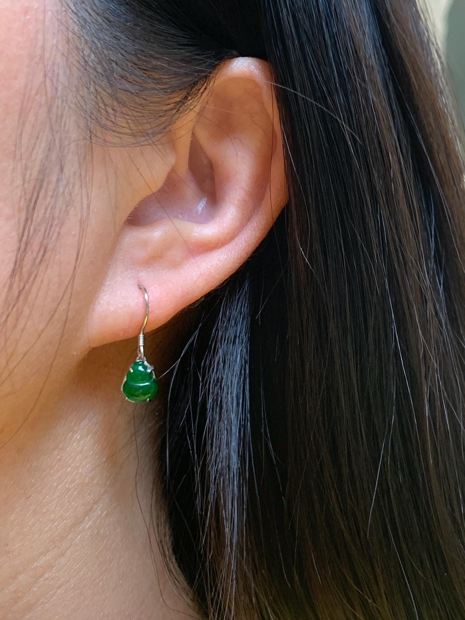 Natural Grade A Guatemalan Icy Translucent Vibrant Green Jade Jadeite Petite Hulu Gourd Dangle Earrings Sterling Silver 天然冰危绿翡翠葫芦银耳钉 WLG120