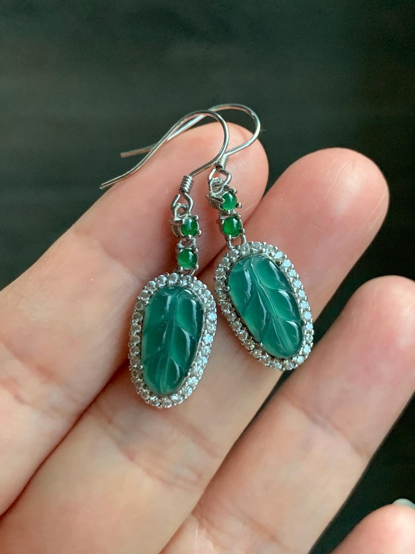 Natural Guatemalan Grade A Icy Translucent Teal Green Jadeite Leaf Vibrant Green Jadeite Earrings Sterling Silver 天然冰危蓝绿翡翠大叶有成银镶耳钩 WLYC88