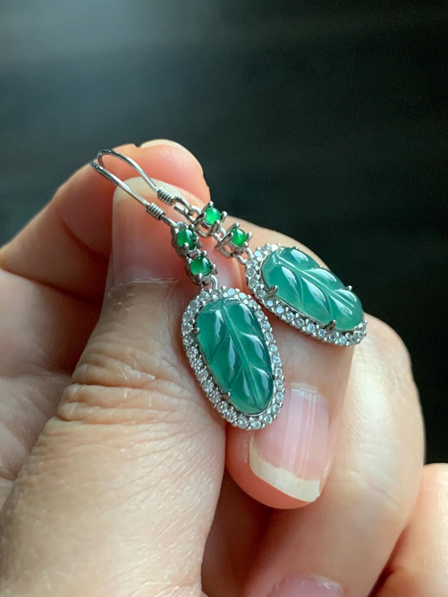Natural Guatemalan Grade A Icy Translucent Teal Green Jadeite Leaf Vibrant Green Jadeite Earrings Sterling Silver 天然冰危蓝绿翡翠大叶有成银镶耳钩 WLYC88