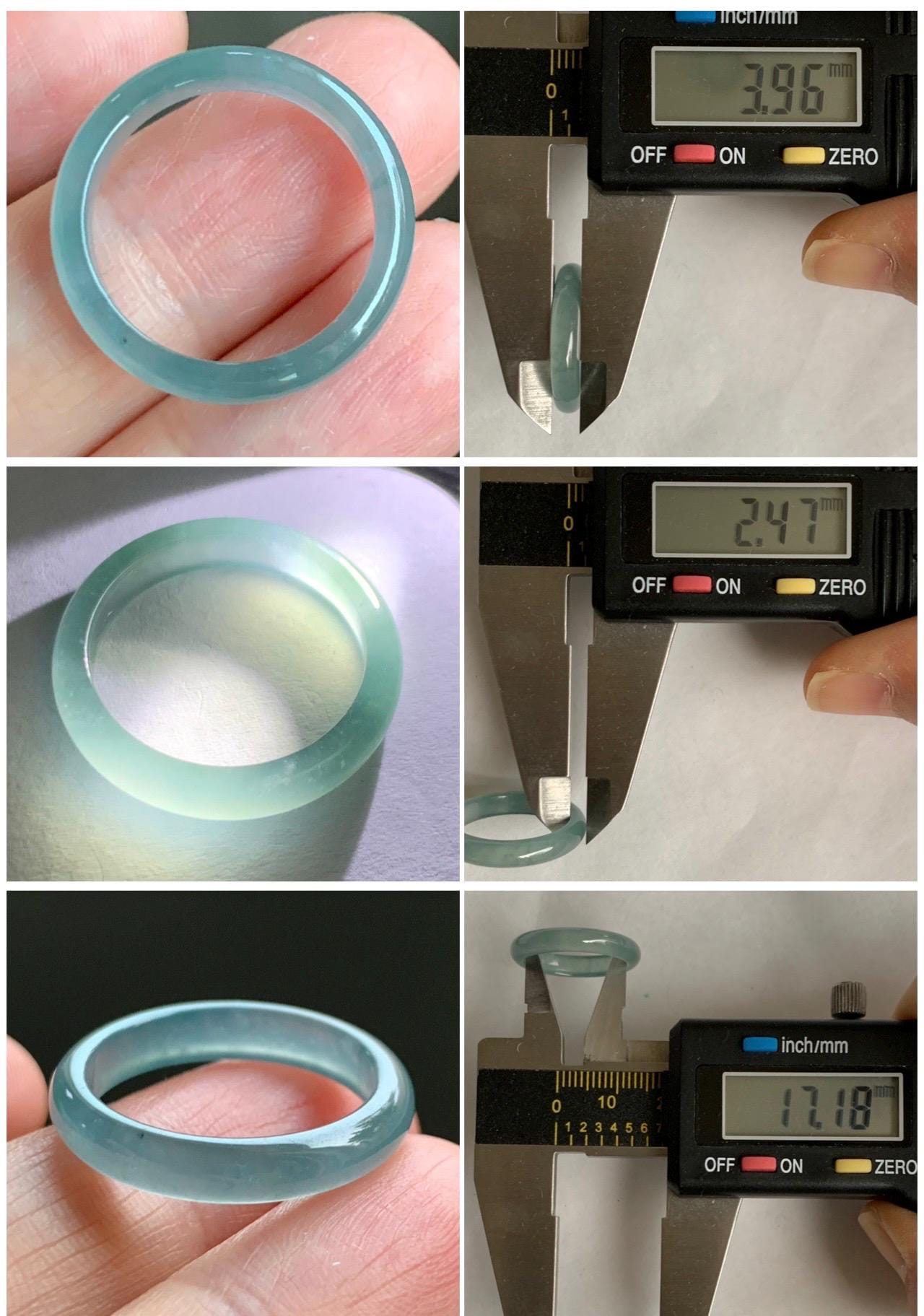 Natural Grade A Guatemalan Icy Highly Translucent Gelatinous Pastel Teal Blue Jade Jadeite Band Ring Size 6.75 US 天然冰危淡蓝起光翡翠戒圈 WZC44-I