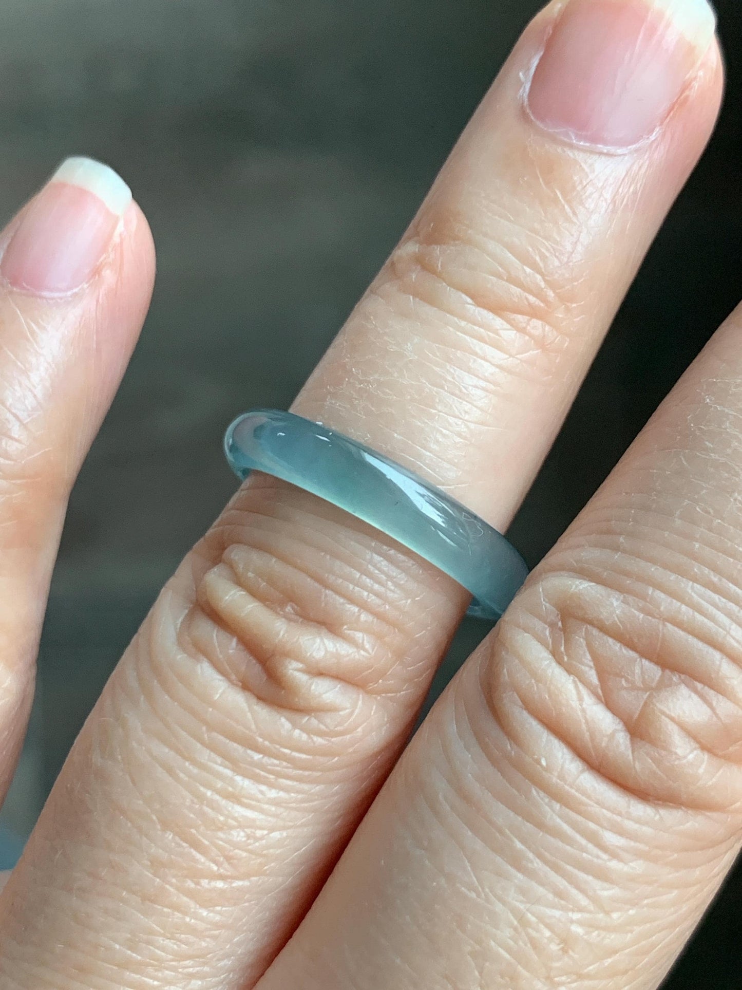 Natural Grade A Guatemalan Icy Highly Translucent Gelatinous Pastel Teal Blue Jade Jadeite Band Ring Size 6.75 US 天然冰危淡蓝起光翡翠戒圈 WZC44-I