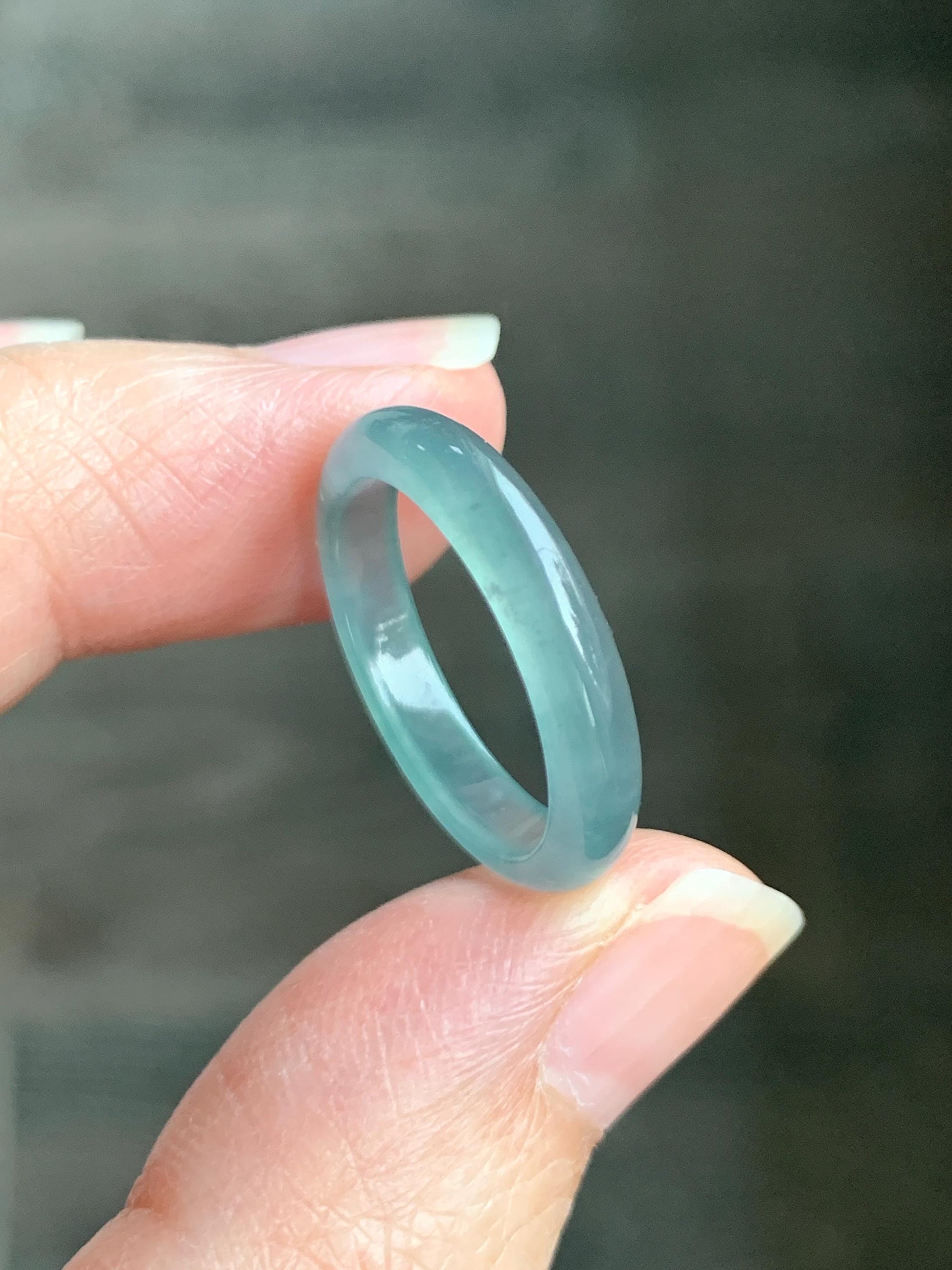 Natural Grade A Guatemalan Icy Highly Translucent Gelatinous Pastel Teal Blue Jade Jadeite Band Ring Size 6.75 US 天然冰危淡蓝起光翡翠戒圈 WZC44-I