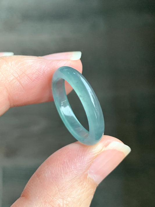 Natural Grade A Guatemalan Icy Highly Translucent Gelatinous Pastel Teal Blue Jade Jadeite Band Ring Size 6.75 US 天然冰危淡蓝起光翡翠戒圈 WZC44-I