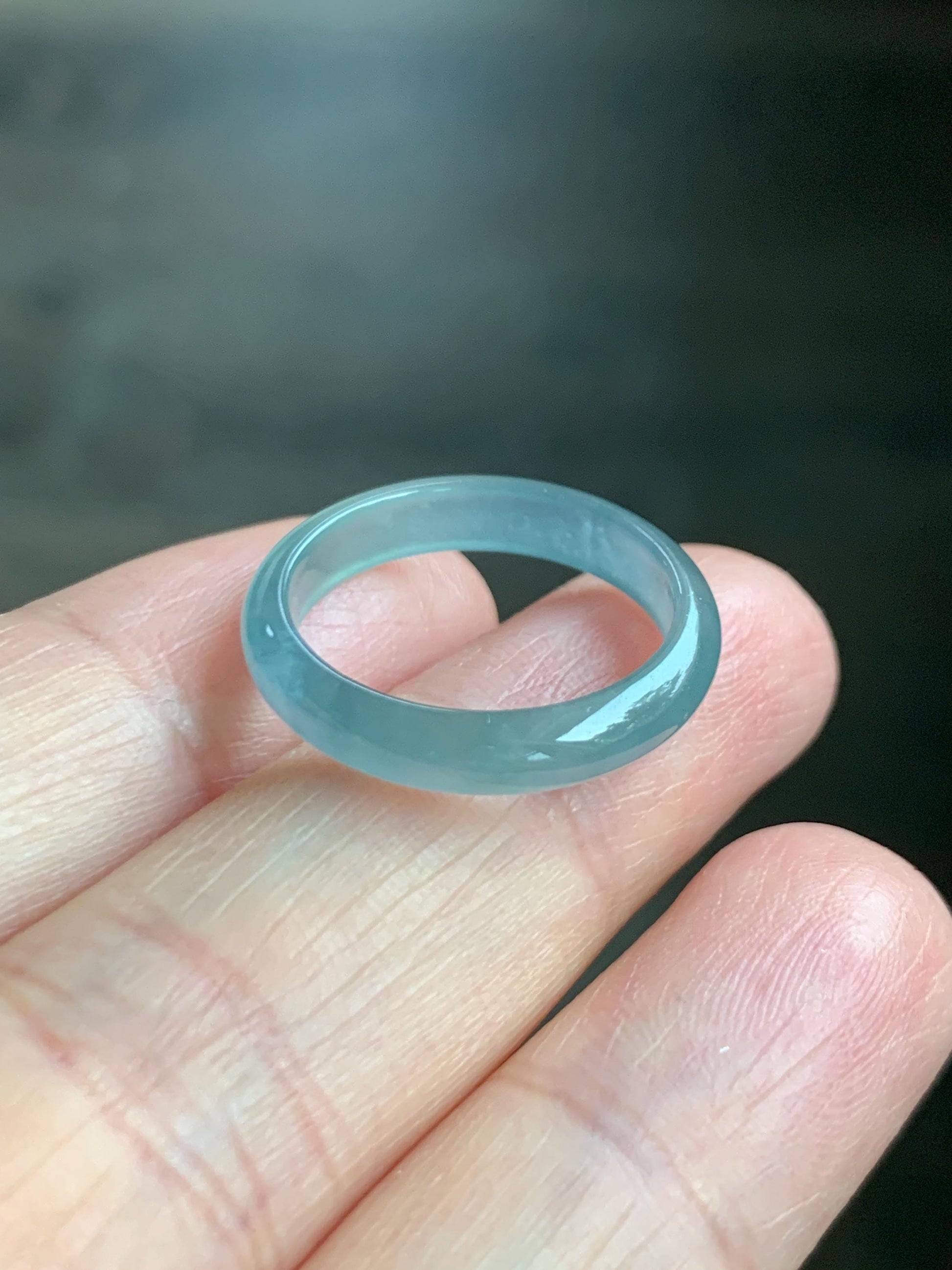 Natural Grade A Guatemalan Icy Highly Translucent Gelatinous Pastel Teal Blue Jade Jadeite Band Ring Size 6.75 US 天然冰危淡蓝起光翡翠戒圈 WZC44-J