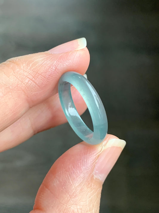 Natural Grade A Guatemalan Icy Highly Translucent Gelatinous Pastel Teal Blue Jade Jadeite Band Ring Size 6.75 US 天然冰危淡蓝起光翡翠戒圈 WZC44-J