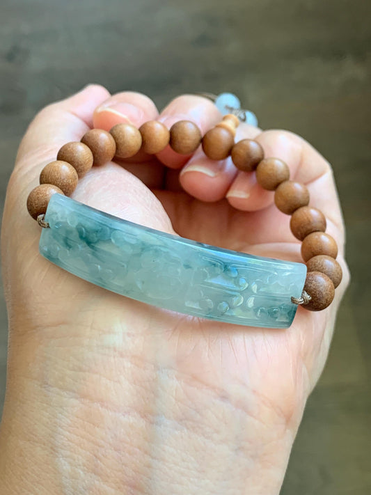 Natural Grade A Icy Translucent Gelatinous Pastel Blue Teal Blue Marbled Jadeite Cuff Wood Beads Beaded Bracelet 7.25" 天然冰胶蓝花翡翠手牌木珠手串 PLP250