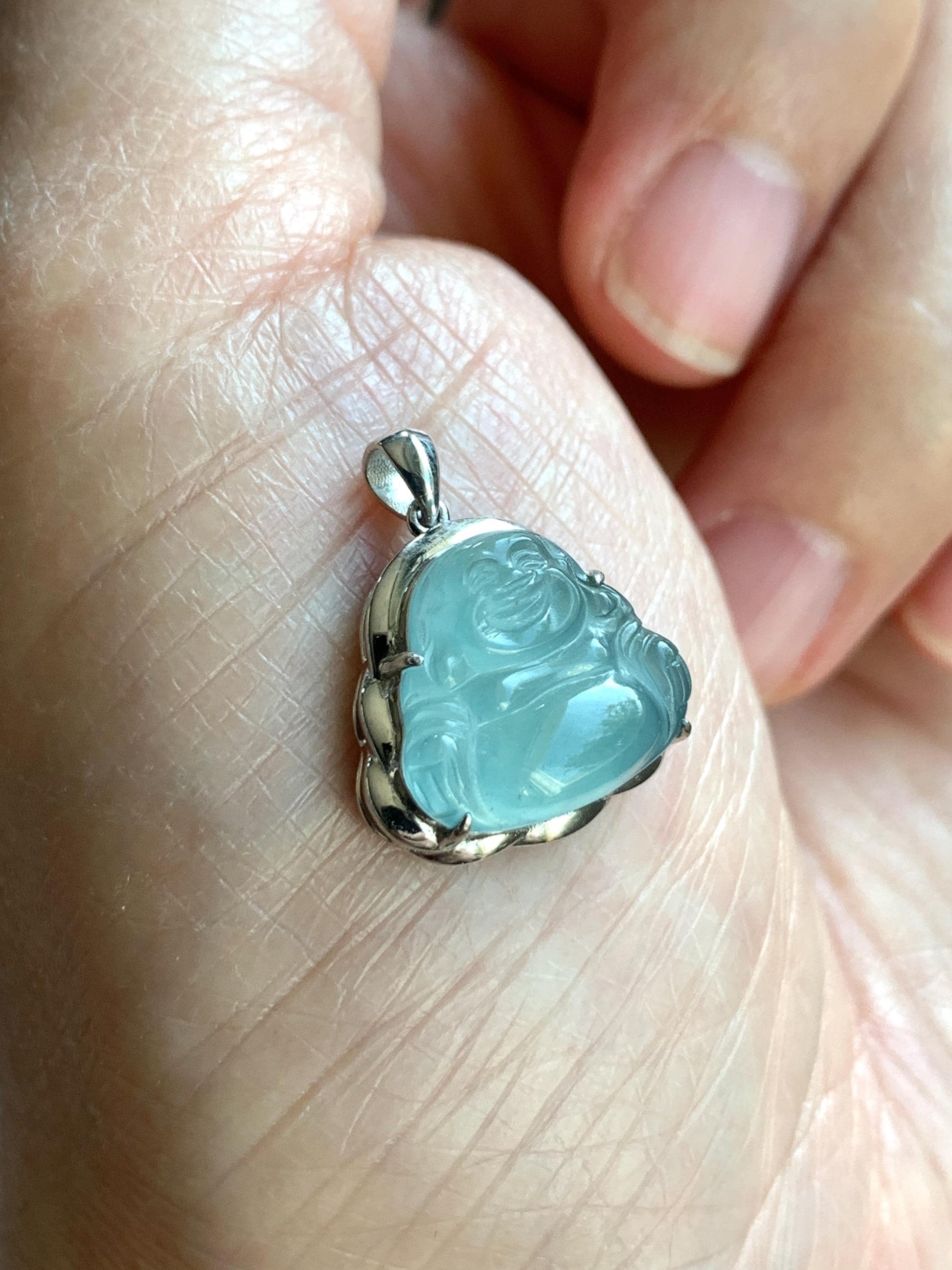 Certified Natural Guatemalan Icy Highly Translucent Light Teal Blue Jadeite Buddha Petite Pendant Sterling Silver 天然老种高冰危蓝绿翡翠起光佛公镶嵌吊坠 3025