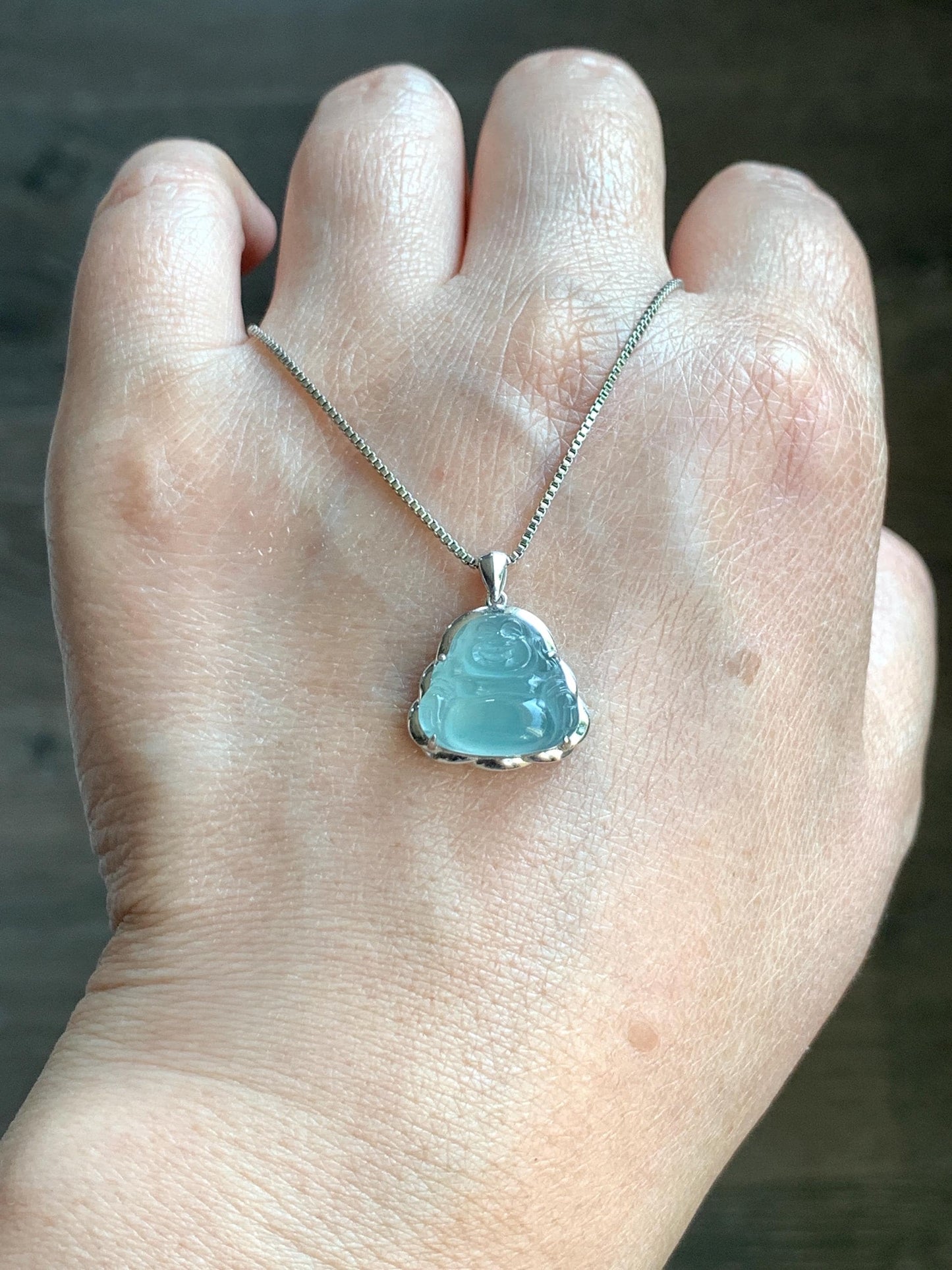 Certified Natural Guatemalan Icy Highly Translucent Light Teal Blue Jadeite Buddha Petite Pendant Sterling Silver 天然老种高冰危蓝绿翡翠起光佛公镶嵌吊坠 3025