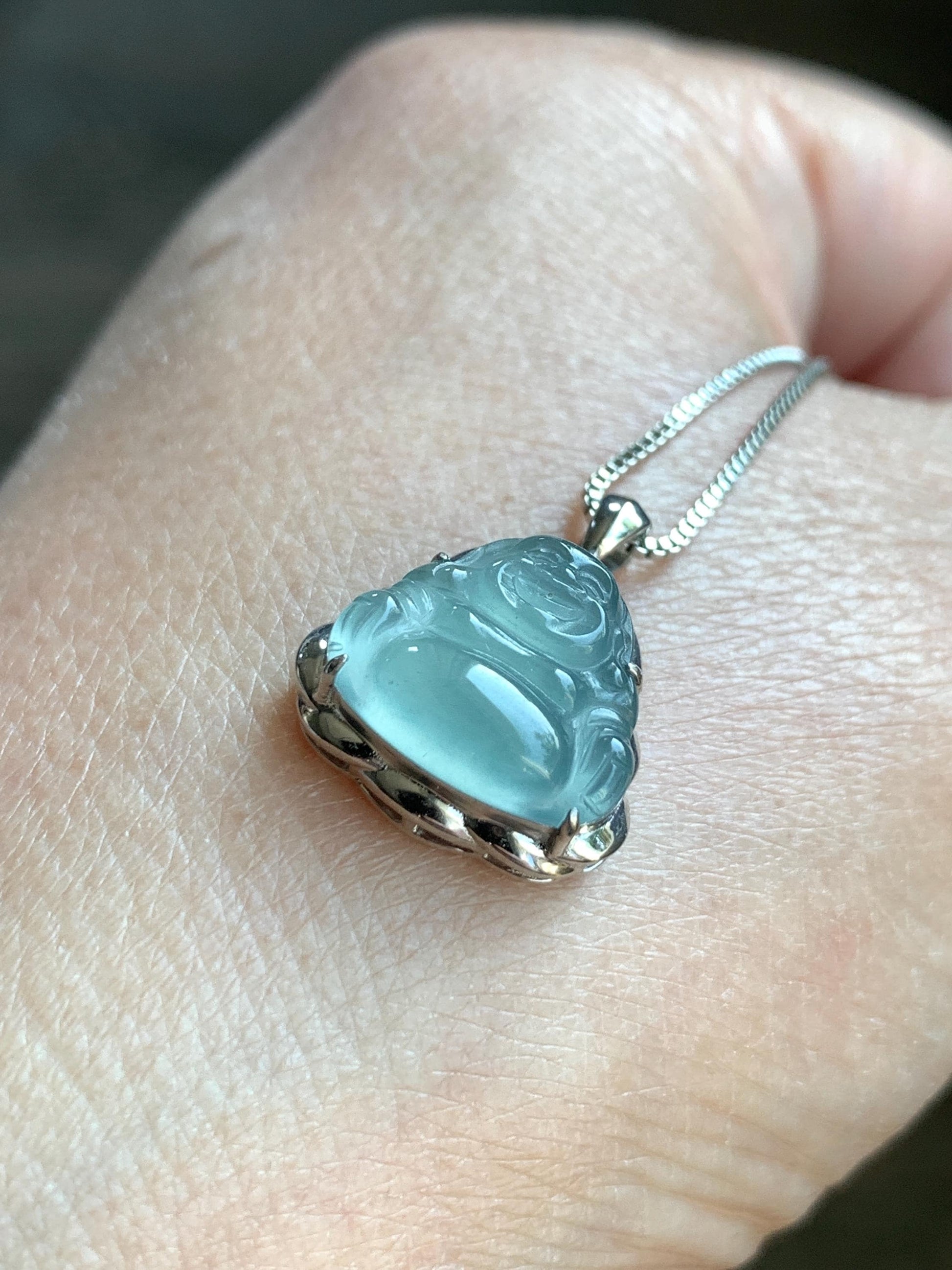Certified Natural Guatemalan Icy Highly Translucent Light Teal Blue Jadeite Buddha Petite Pendant Sterling Silver 天然老种高冰危蓝绿翡翠起光佛公镶嵌吊坠 3025