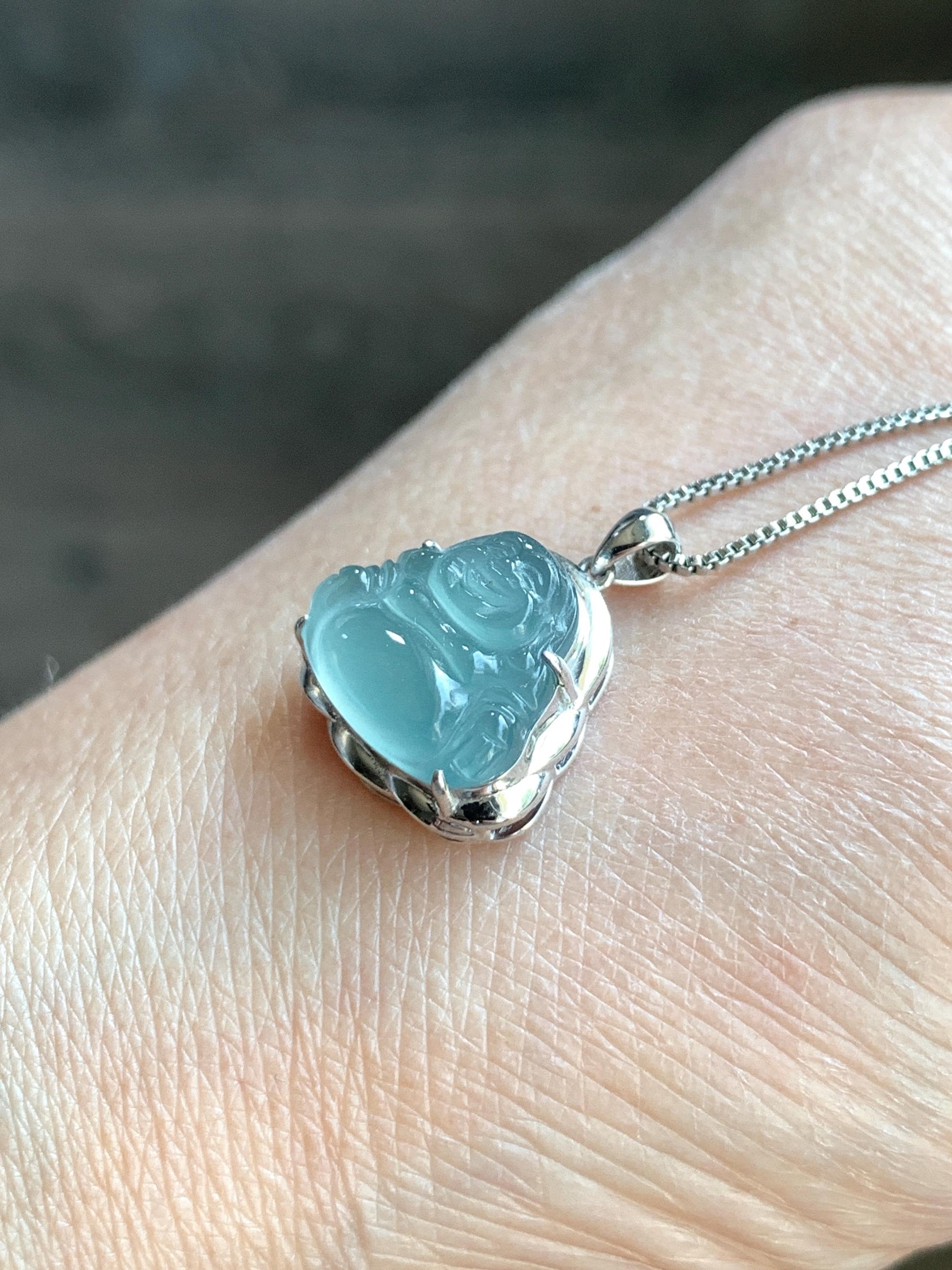 Certified Natural Guatemalan Icy Highly Translucent Light Teal Blue Jadeite Buddha Petite Pendant Sterling Silver 天然老种高冰危蓝绿翡翠起光佛公镶嵌吊坠 3025