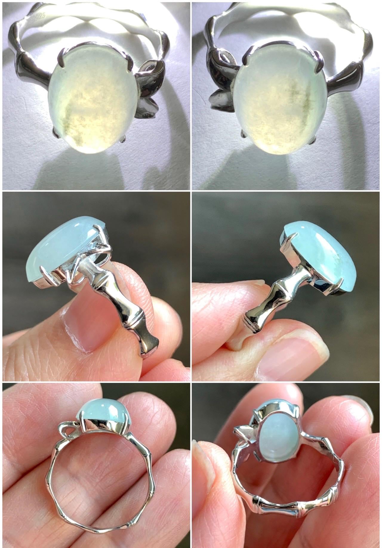 Certified Natural Grade A Icy Translucent Gelatinous Large Oval Jade Jadeite Bamboo Ring Sterling Silver size 7 3.6g 天然冰胶飘花翡翠镶嵌竹节款戒指 7395
