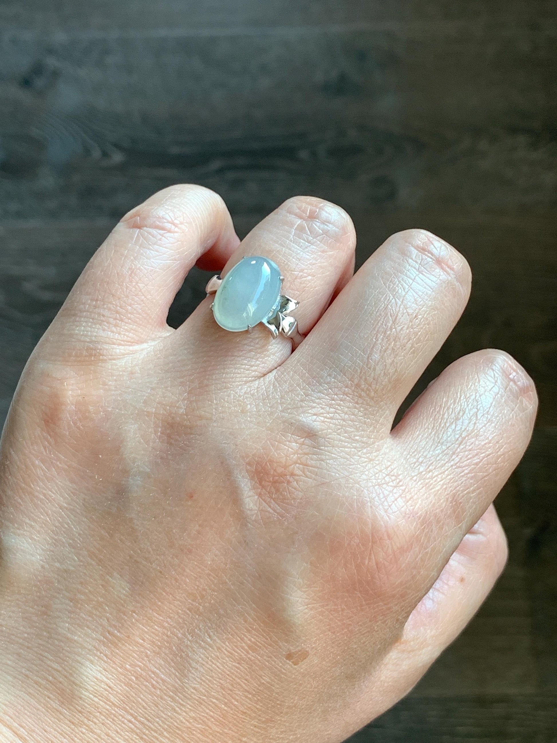 Certified Natural Grade A Icy Translucent Gelatinous Large Oval Jade Jadeite Bamboo Ring Sterling Silver size 7 3.6g 天然冰胶飘花翡翠镶嵌竹节款戒指 7395