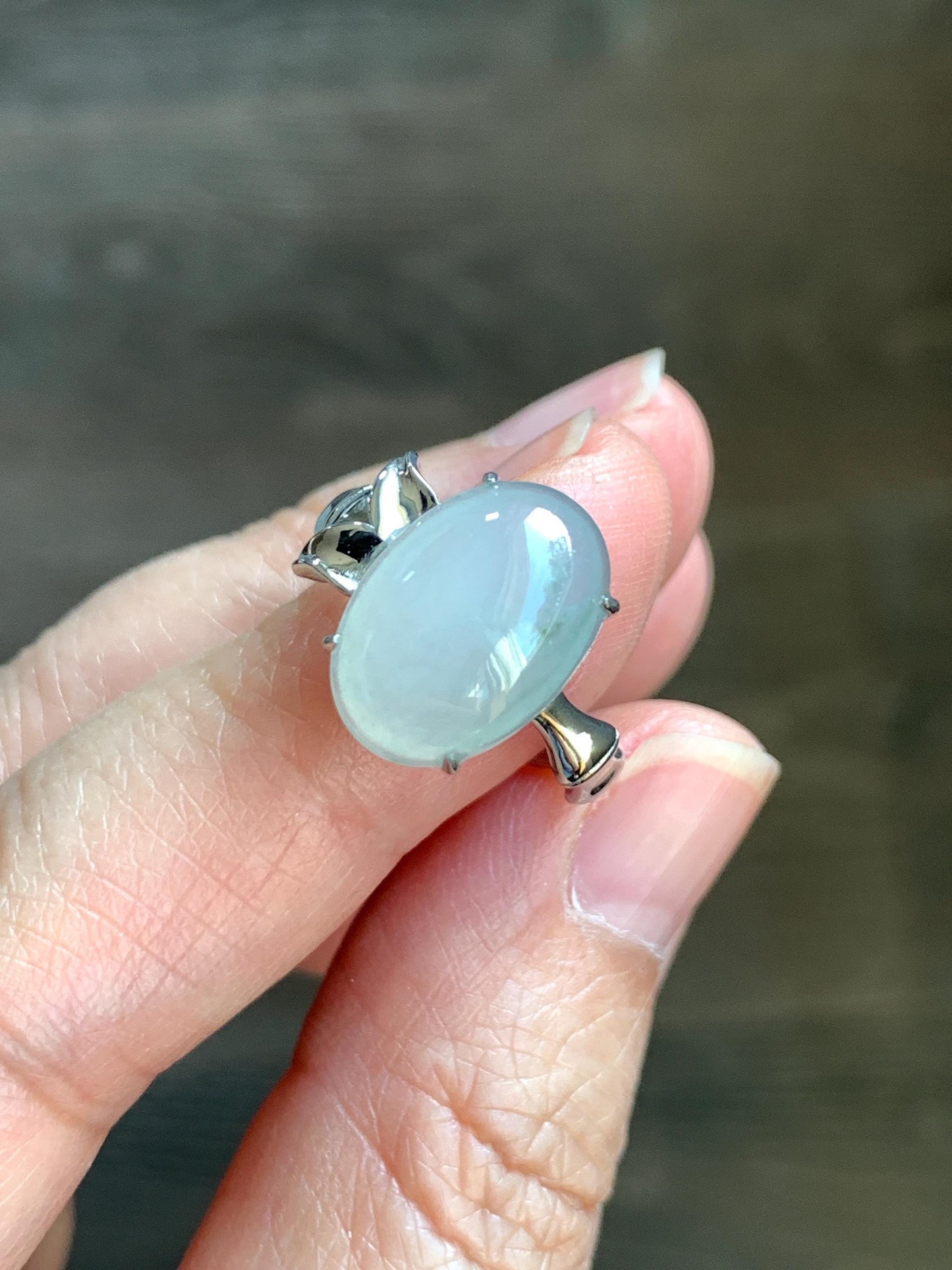Certified Natural Grade A Icy Translucent Gelatinous Large Oval Jade Jadeite Bamboo Ring Sterling Silver size 7 3.6g 天然冰胶飘花翡翠镶嵌竹节款戒指 7395