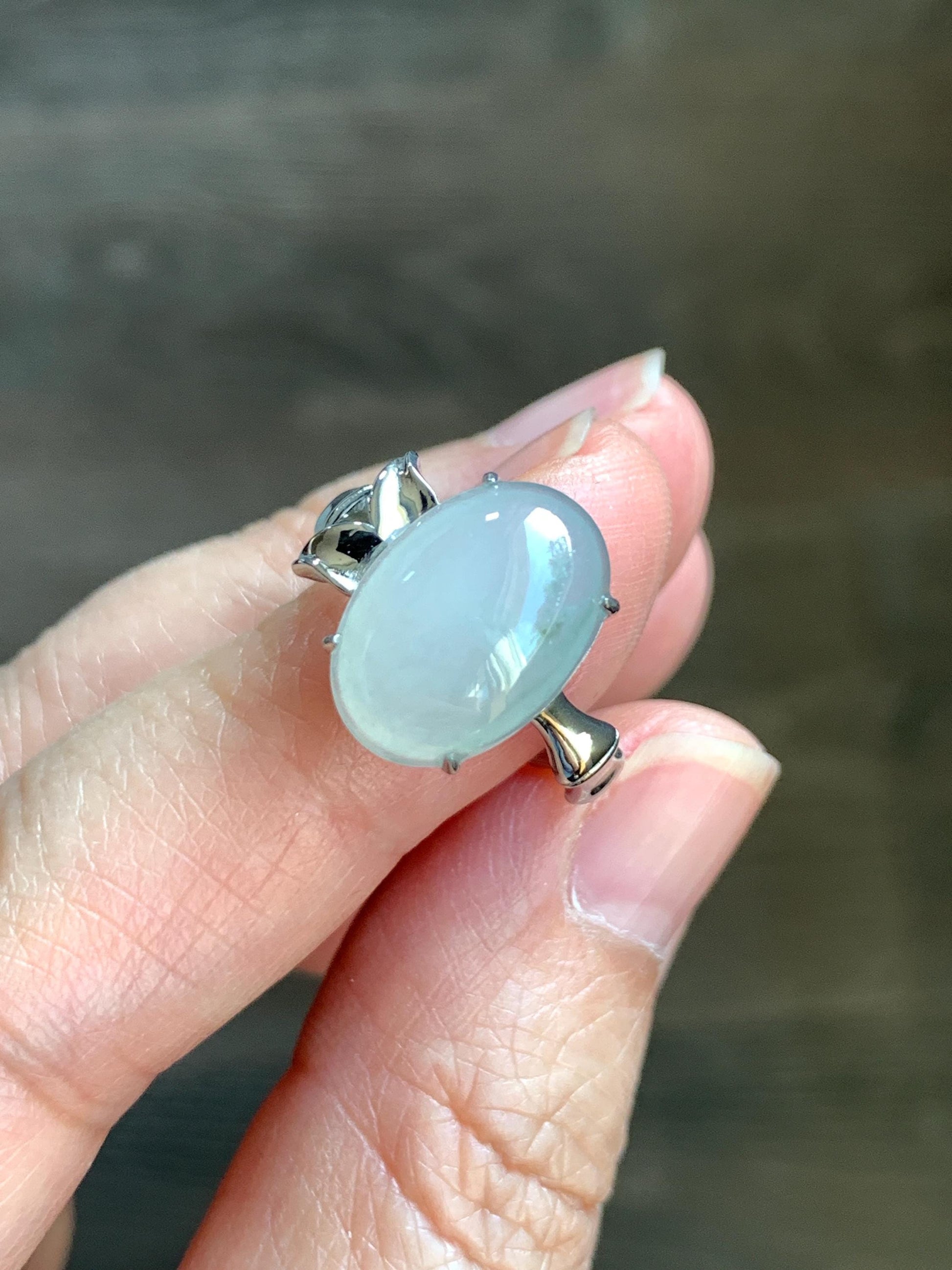 Certified Natural Grade A Icy Translucent Gelatinous Large Oval Jade Jadeite Bamboo Ring Sterling Silver size 7 3.6g 天然冰胶飘花翡翠镶嵌竹节款戒指 7395
