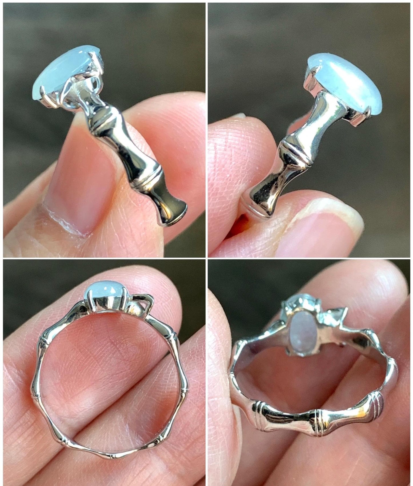 Certified Natural Grade A Icy Highly Translucent Gelatinous Icy White Oval Jadeite Bamboo Ring Sterling Silver size 7 US 天然冰胶翡翠镶嵌竹节款戒指 7397