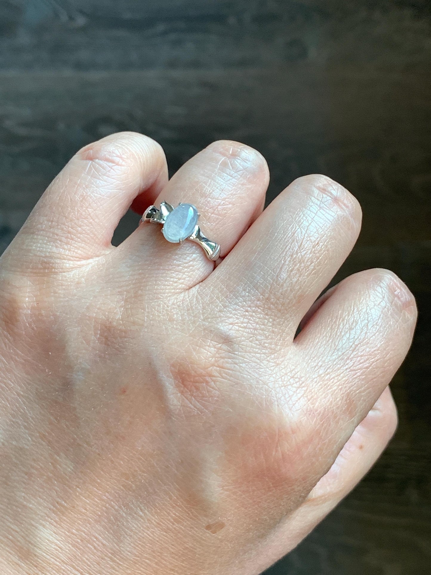 Certified Natural Grade A Icy Highly Translucent Gelatinous Icy White Oval Jadeite Bamboo Ring Sterling Silver size 7 US 天然冰胶翡翠镶嵌竹节款戒指 7397