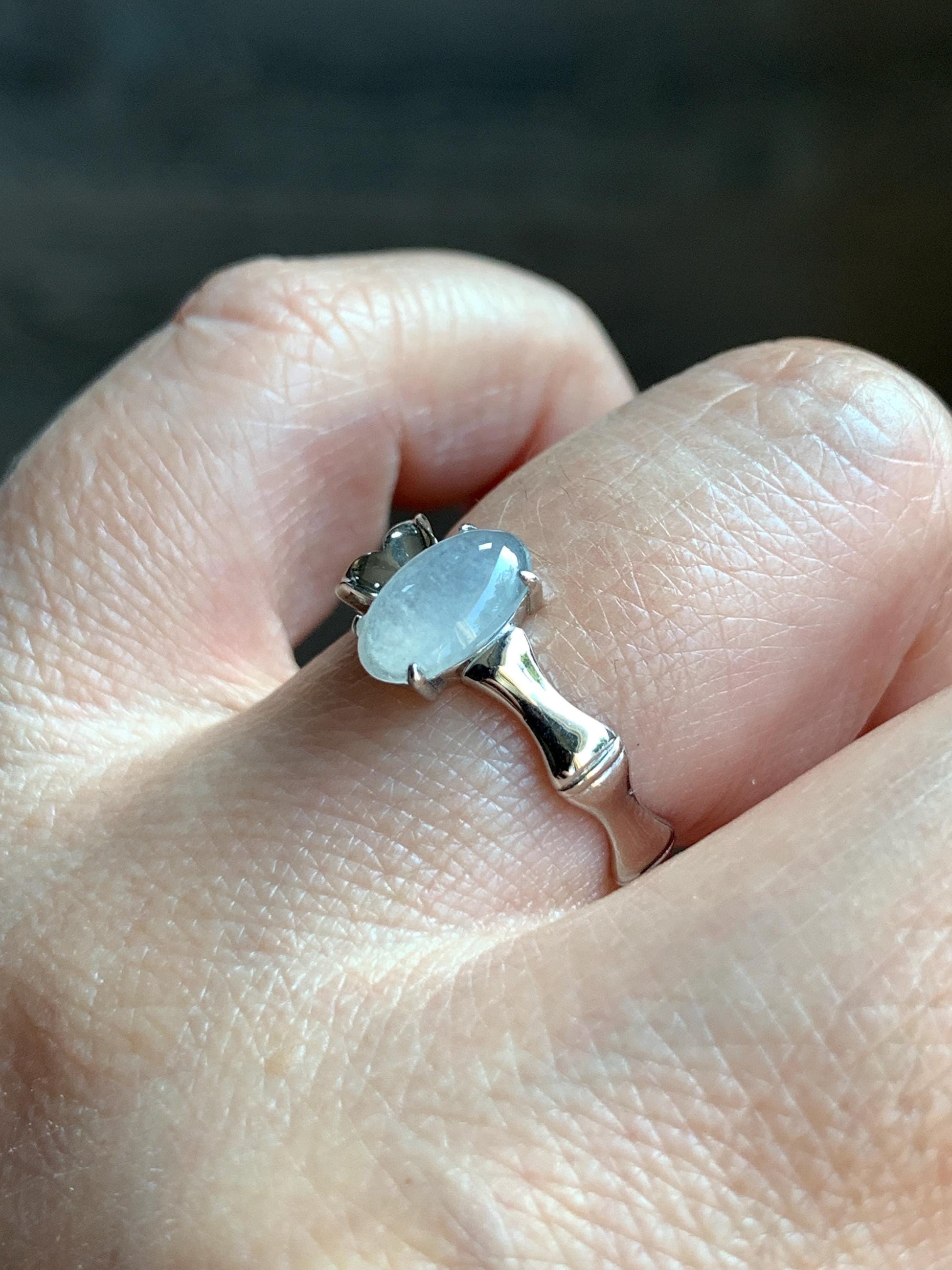 Certified Natural Grade A Icy Highly Translucent Gelatinous Icy White Oval Jadeite Bamboo Ring Sterling Silver size 7 US 天然冰胶翡翠镶嵌竹节款戒指 7397
