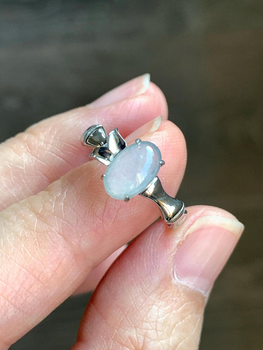 Certified Natural Grade A Icy Highly Translucent Gelatinous Icy White Oval Jadeite Bamboo Ring Sterling Silver size 7 US 天然冰胶翡翠镶嵌竹节款戒指 7397