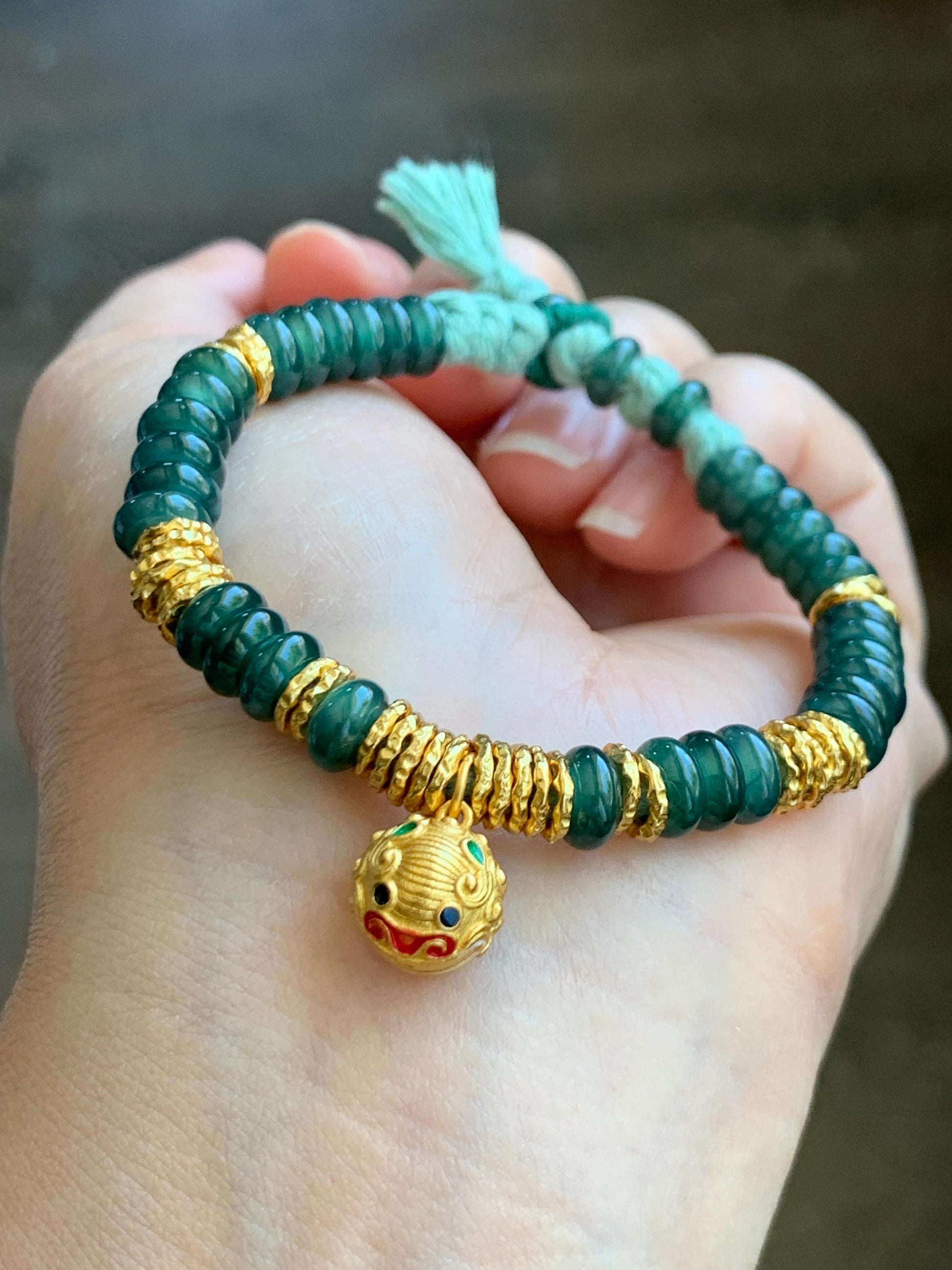 Natural Guatemalan Icy Teal Blue Jadeite & Sterling Silver Pan Chan Ring Beads Beaded Fortune Bracelet 6”-7” 16g 天然冰危蓝翡翠盘缠珠纯银盘缠貔貅铃铛手串 WJP275