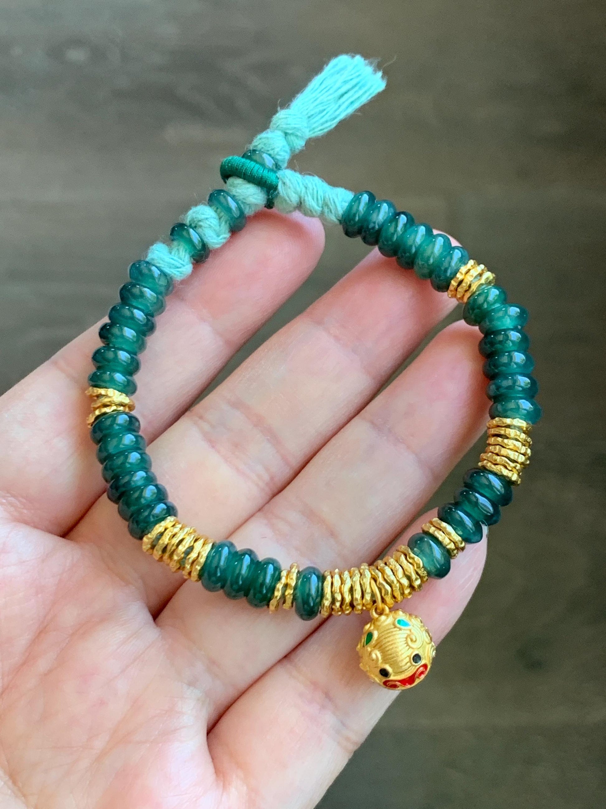 Natural Guatemalan Icy Teal Blue Jadeite & Sterling Silver Pan Chan Ring Beads Beaded Fortune Bracelet 6”-7” 16g 天然冰危蓝翡翠盘缠珠纯银盘缠貔貅铃铛手串 WJP275