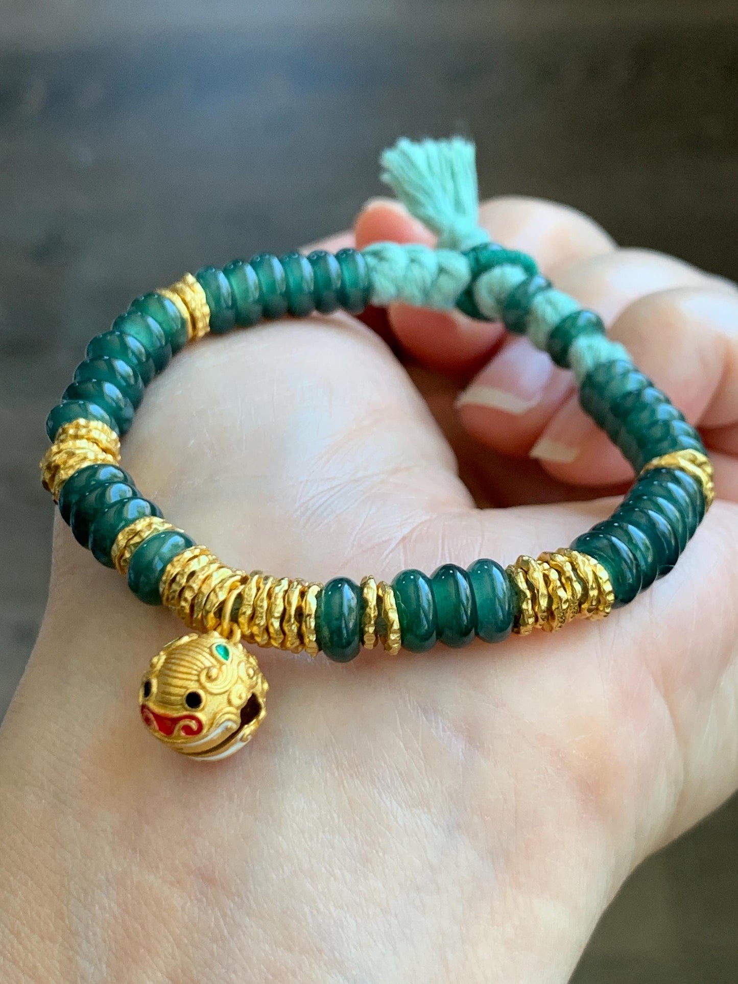 Natural Guatemalan Icy Teal Blue Jadeite & Sterling Silver Pan Chan Ring Beads Beaded Fortune Bracelet 6”-7” 16g 天然冰危蓝翡翠盘缠珠纯银盘缠貔貅铃铛手串 WJP275