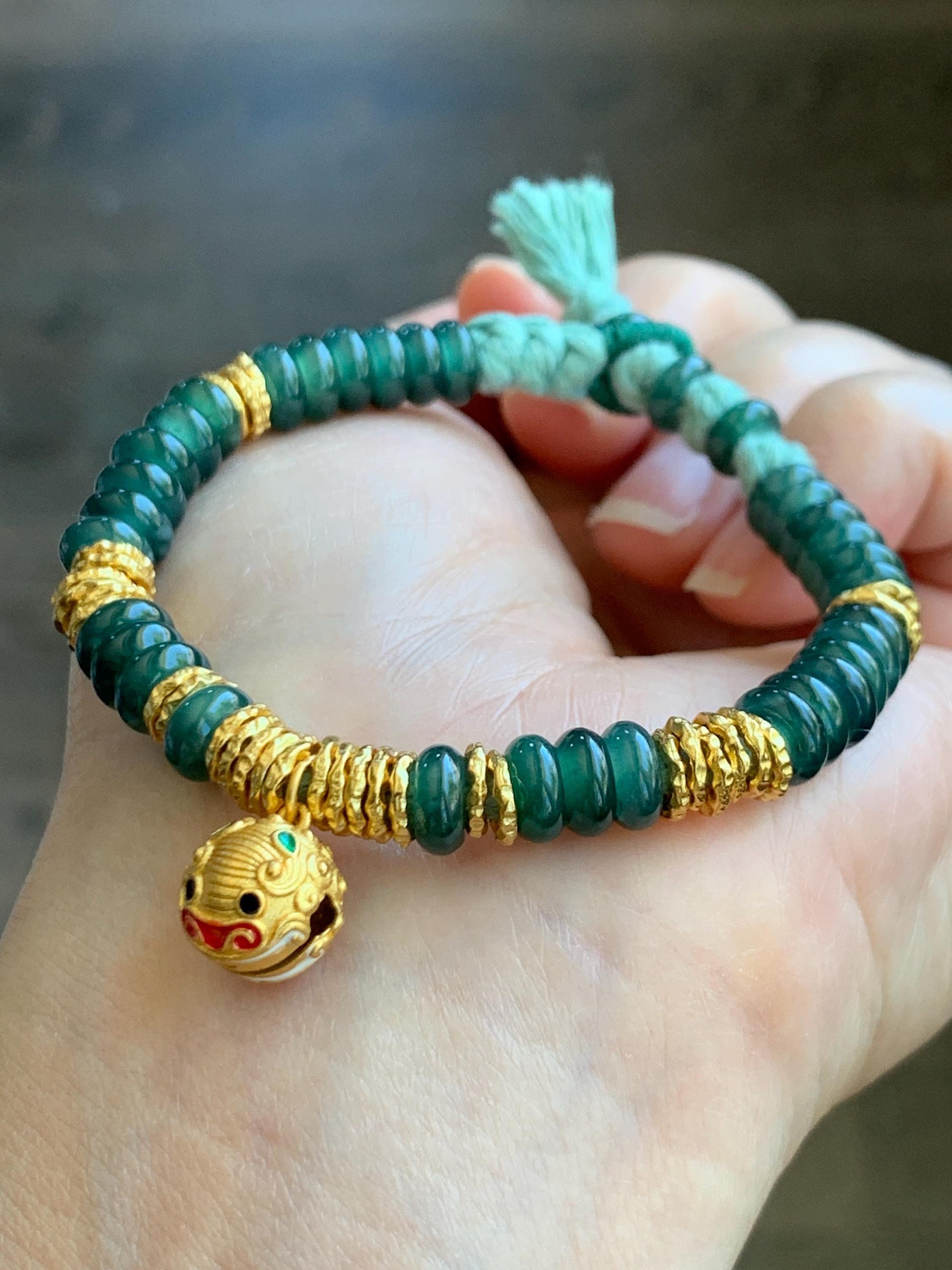 Natural Guatemalan Icy Teal Blue Jadeite & Sterling Silver Pan Chan Ring Beads Beaded Fortune Bracelet 6”-7” 16g 天然冰危蓝翡翠盘缠珠纯银盘缠貔貅铃铛手串 WJP275