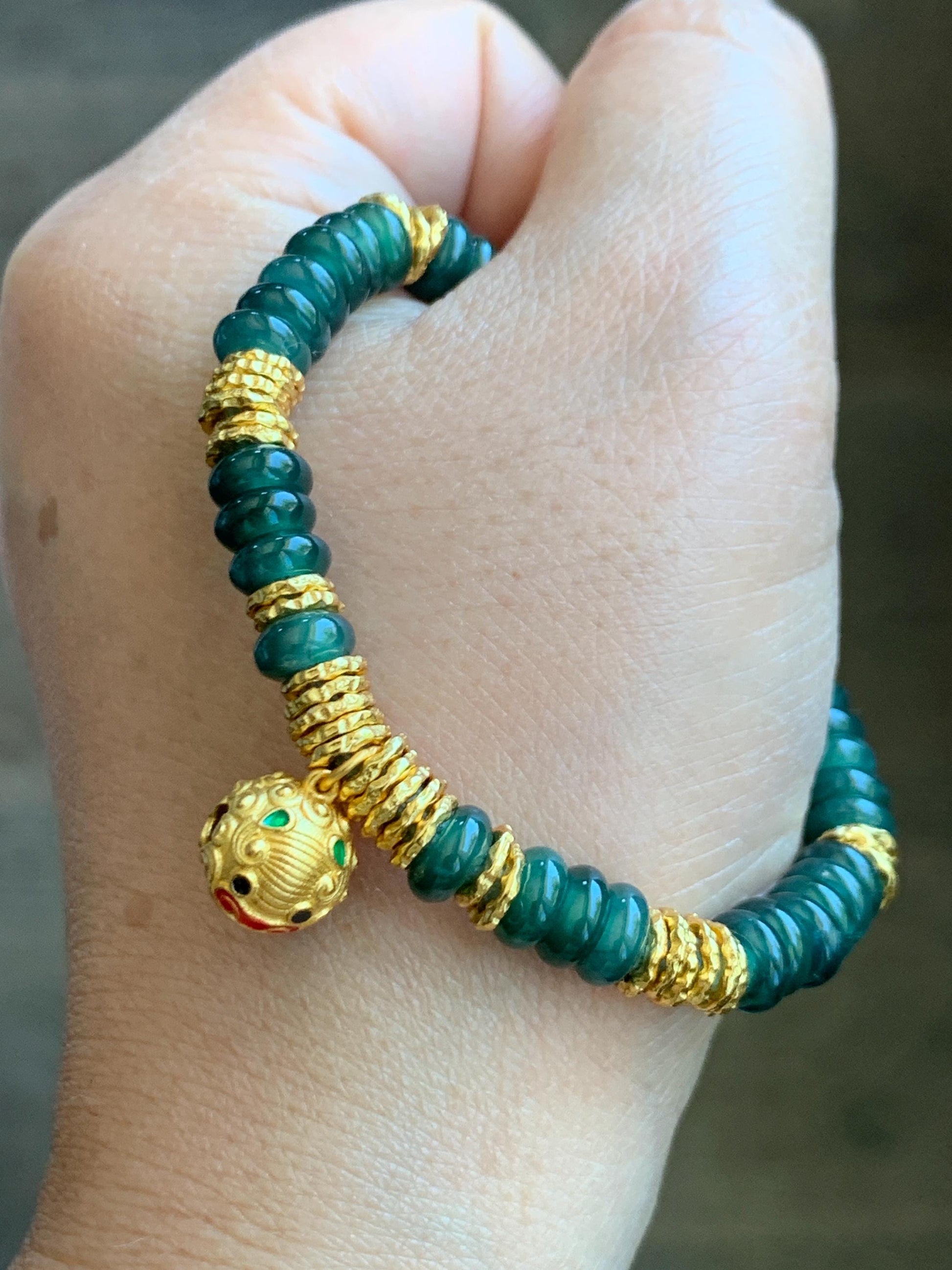 Natural Guatemalan Icy Teal Blue Jadeite & Sterling Silver Pan Chan Ring Beads Beaded Fortune Bracelet 6”-7” 16g 天然冰危蓝翡翠盘缠珠纯银盘缠貔貅铃铛手串 WJP275