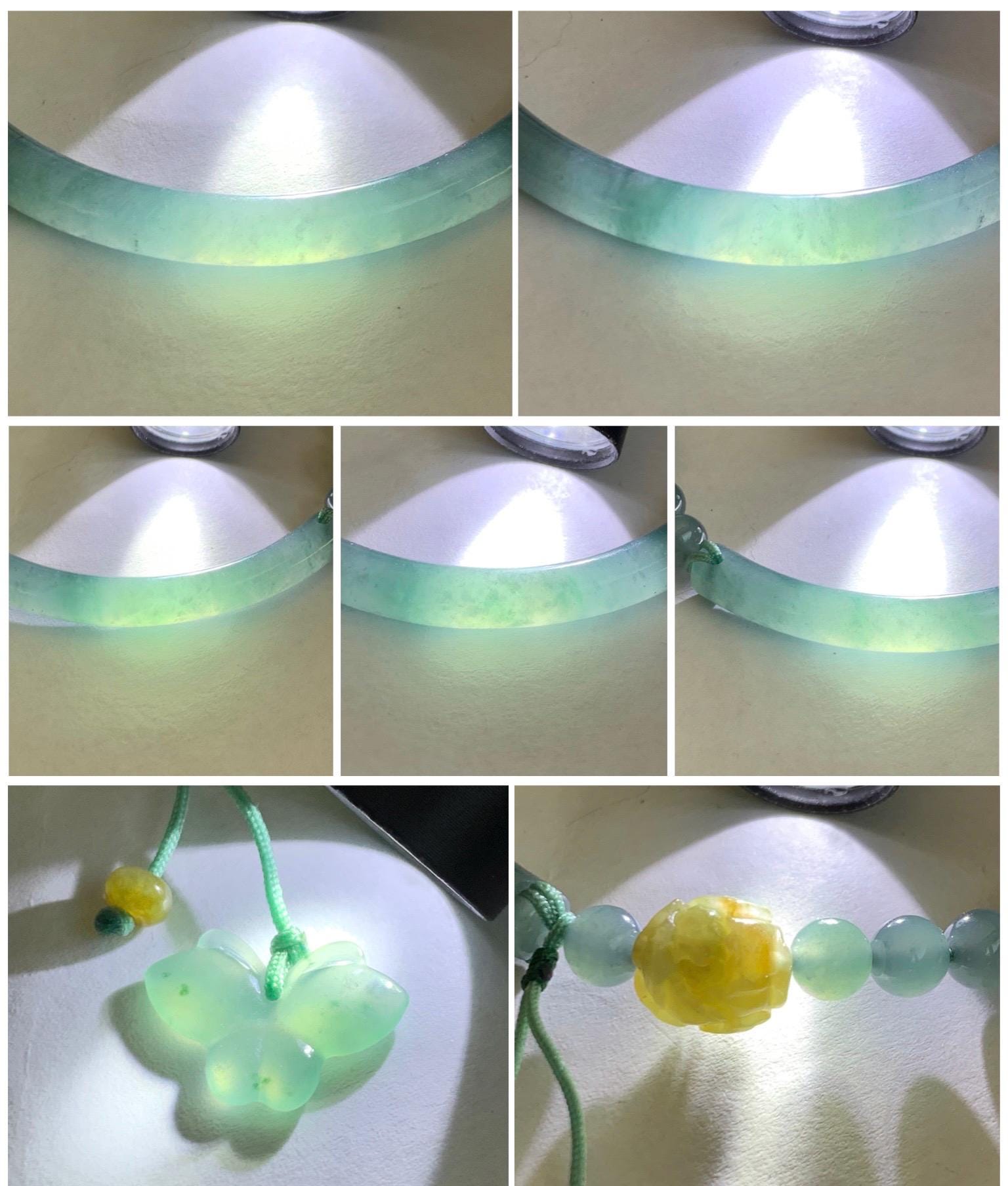 Natural Grade A Guatemalan Icy Translucent Light Green Marbled Jadeite Open Bangle Bracelet Sterling Silver Charms 53mm 天然冰胶危浅绿飘花翡翠半镯 WQP266