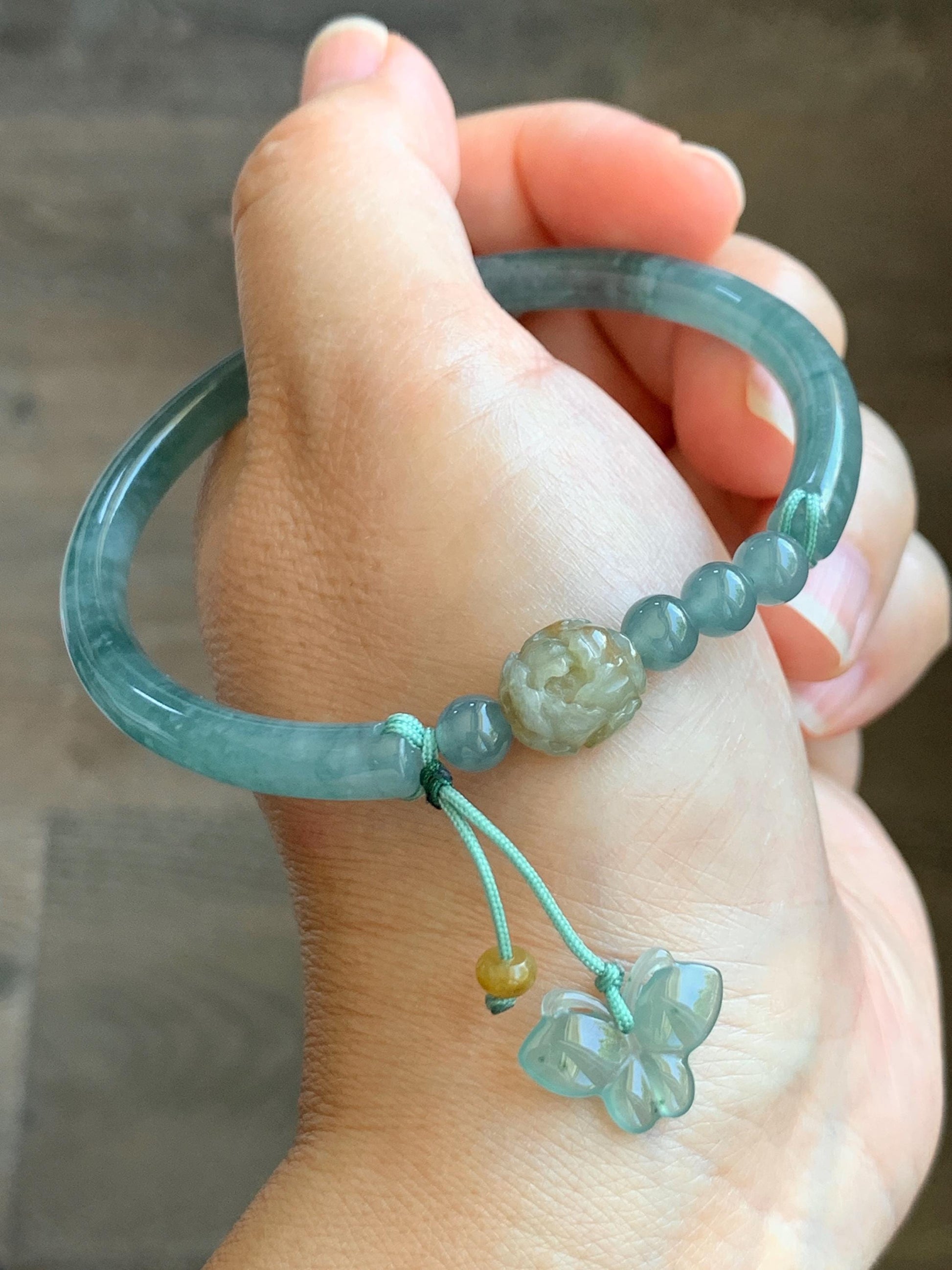 Natural Grade A Guatemalan Icy Translucent Light Green Marbled Jadeite Open Bangle Bracelet Sterling Silver Charms 53mm 天然冰胶危浅绿飘花翡翠半镯 WQP266