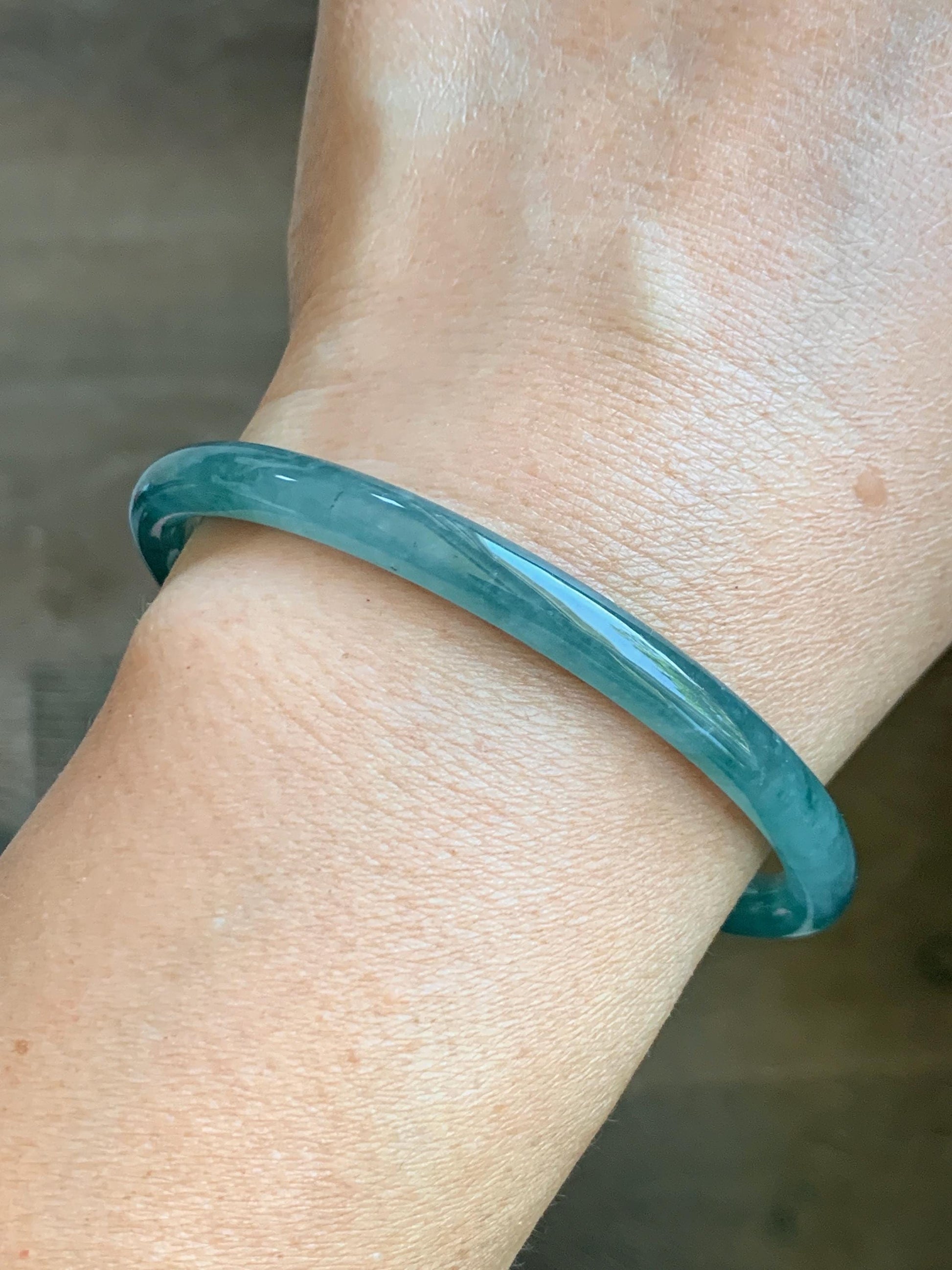 Natural Grade A Guatemalan Icy Translucent Light Green Marbled Jadeite Open Bangle Bracelet Sterling Silver Charms 53mm 天然冰胶危浅绿飘花翡翠半镯 WQP266