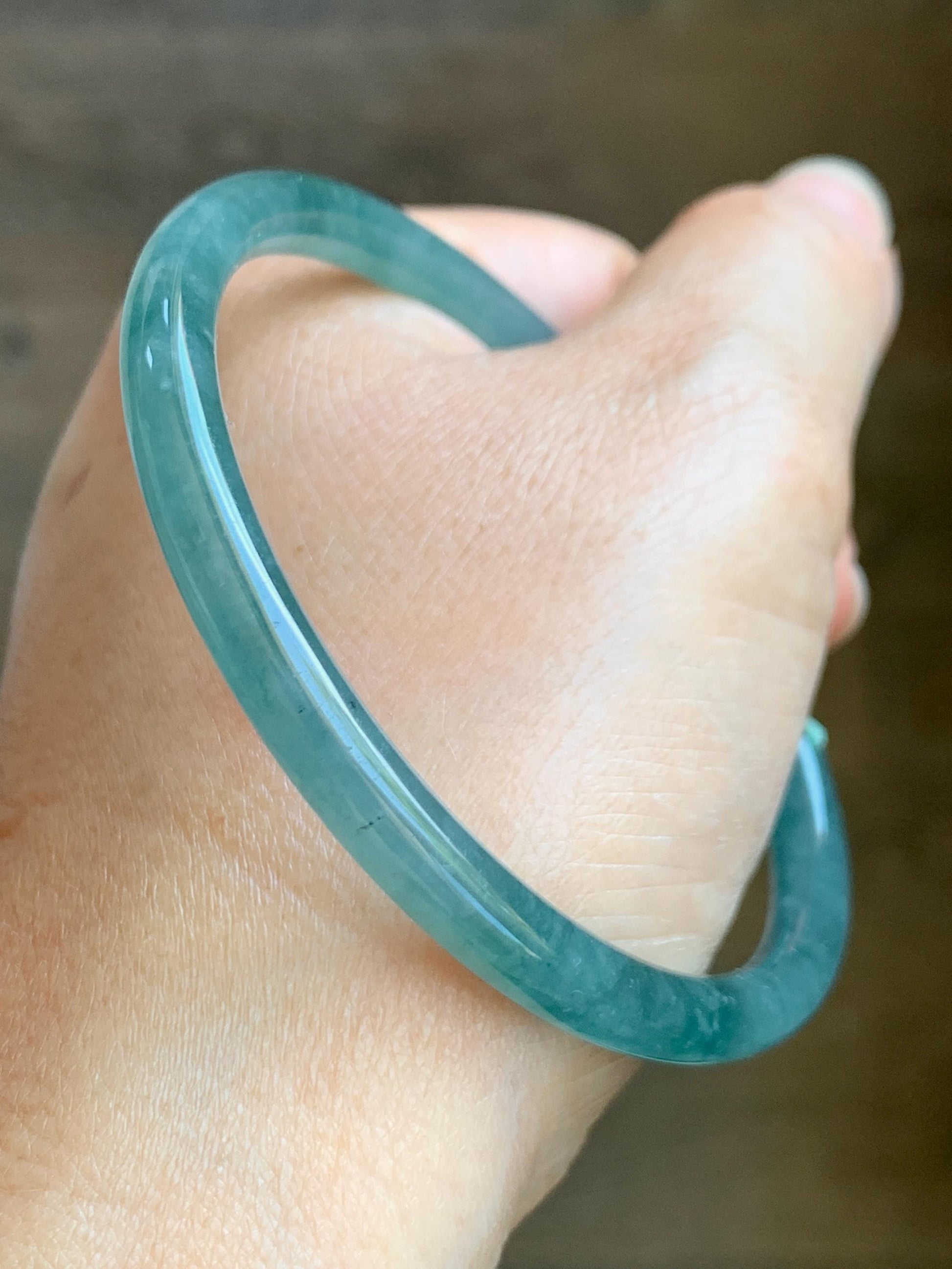 Natural Grade A Guatemalan Icy Translucent Light Green Marbled Jadeite Open Bangle Bracelet Sterling Silver Charms 53mm 天然冰胶危浅绿飘花翡翠半镯 WQP266