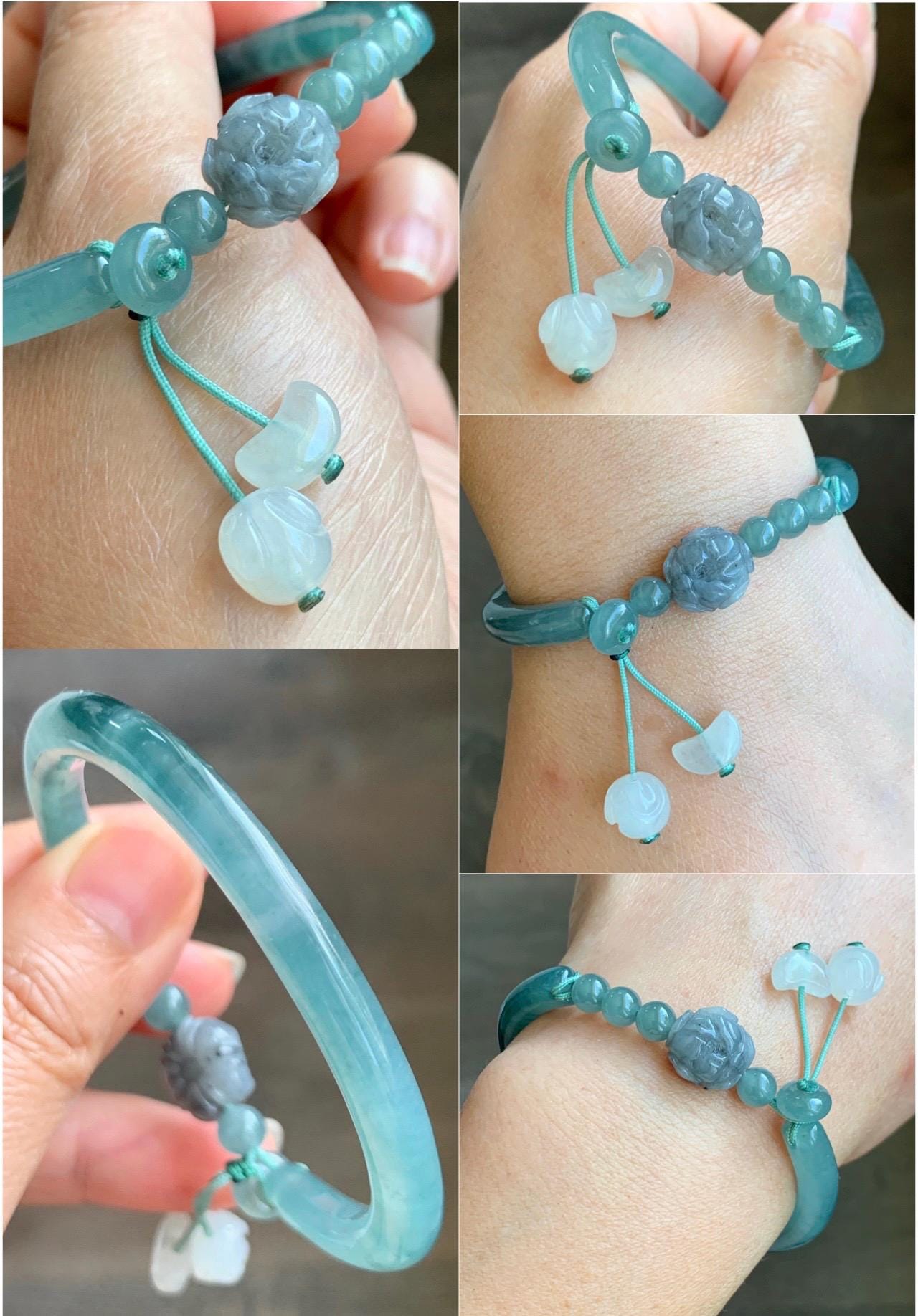 Natural Grade A Guatemalan Icy Highly Translucent Light Blue Jade Jadeite Open Bangle Bracelet Ruyi Lock Charms 54mm 18g 天然冰胶危浅蓝翡翠半镯 WTL397