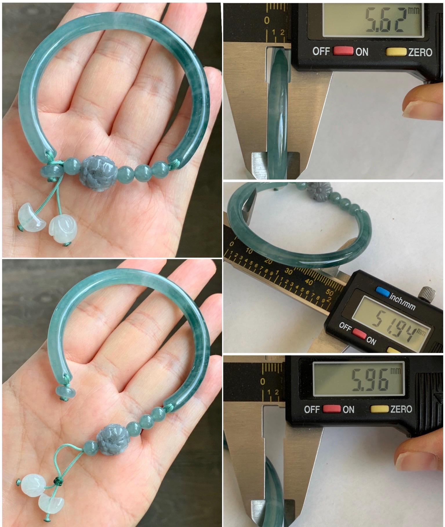 Natural Grade A Guatemalan Icy Highly Translucent Light Blue Jade Jadeite Open Bangle Bracelet Ruyi Lock Charms 54mm 18g 天然冰胶危浅蓝翡翠半镯 WTL397