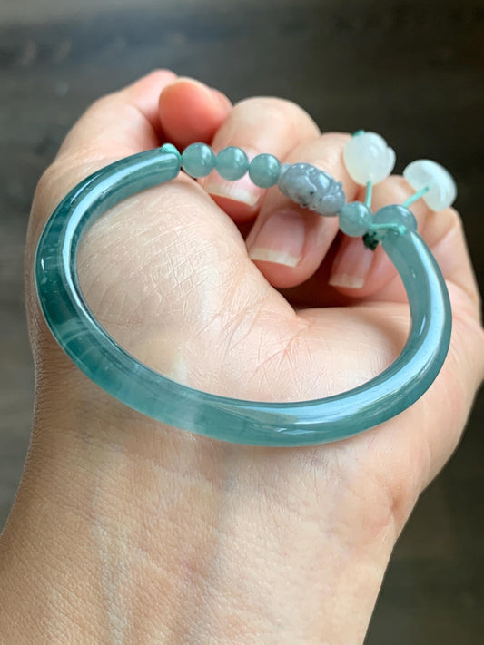 Natural Grade A Guatemalan Icy Highly Translucent Light Blue Jade Jadeite Open Bangle Bracelet Ruyi Lock Charms 54mm 18g 天然冰胶危浅蓝翡翠半镯 WTL397