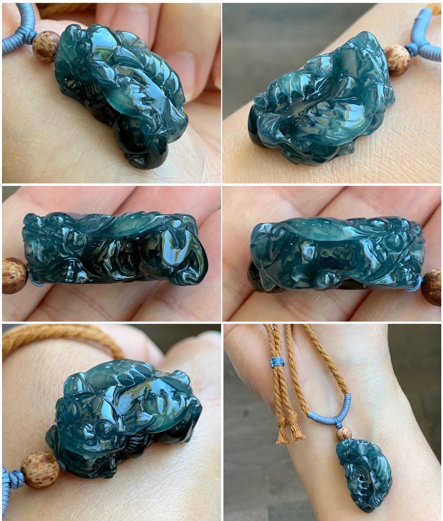 Certified Natural Guatemalan Icy Translucent Gelatinous Dark Teal Blue Jadeite Pixiu Pendant Rope Necklace 26" 11.5g 天然老种冰危深蓝翡翠飞天貔貅吊坠 1154