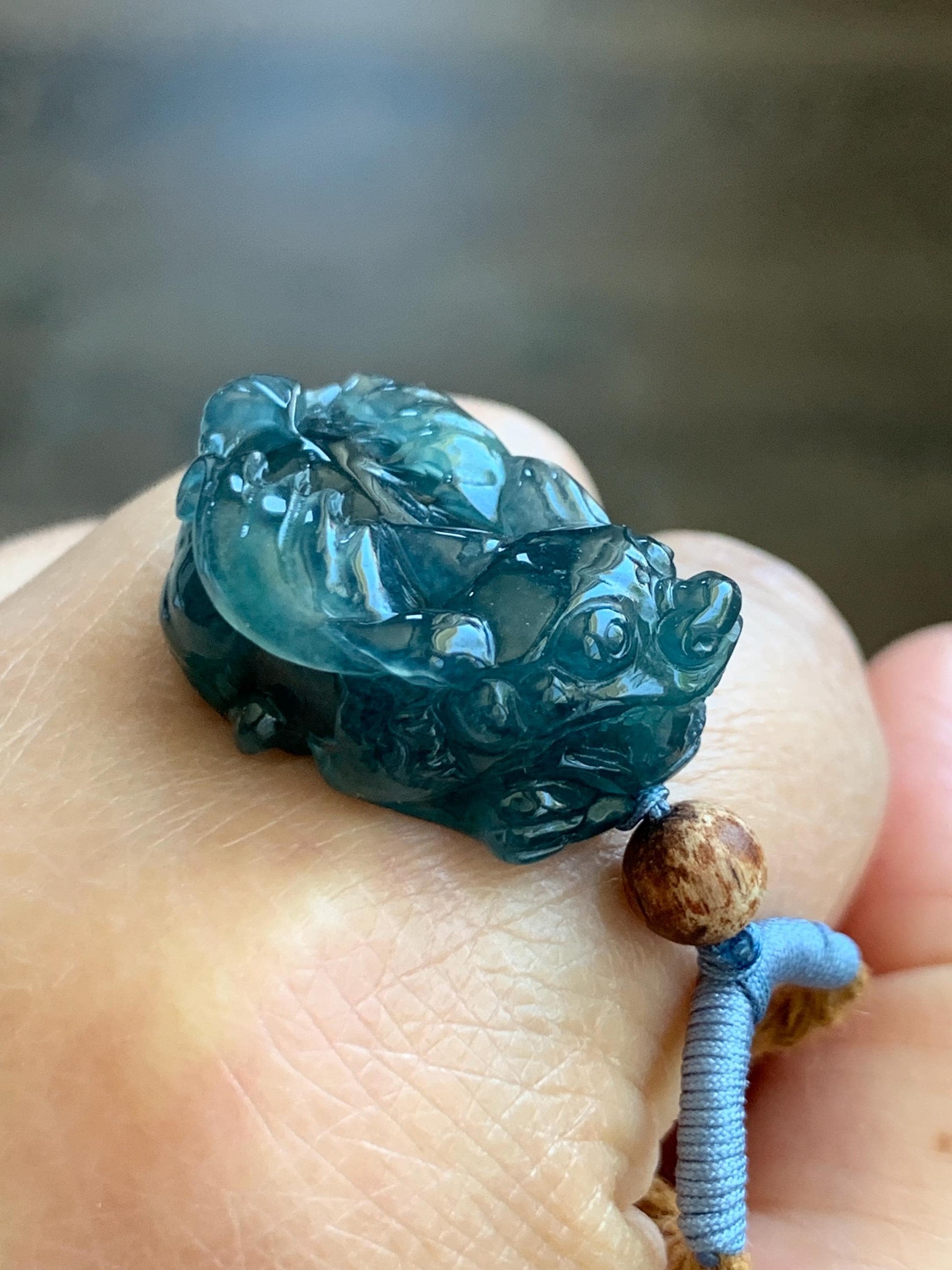 Certified Natural Guatemalan Icy Translucent Gelatinous Dark Teal Blue Jadeite Pixiu Pendant Rope Necklace 26" 11.5g 天然老种冰危深蓝翡翠飞天貔貅吊坠 1154