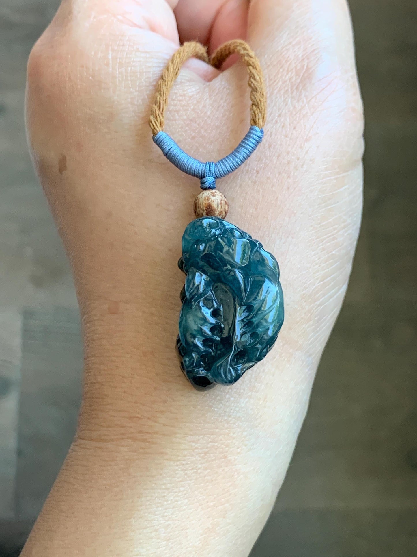 Certified Natural Guatemalan Icy Translucent Gelatinous Dark Teal Blue Jadeite Pixiu Pendant Rope Necklace 26" 11.5g 天然老种冰危深蓝翡翠飞天貔貅吊坠 1154