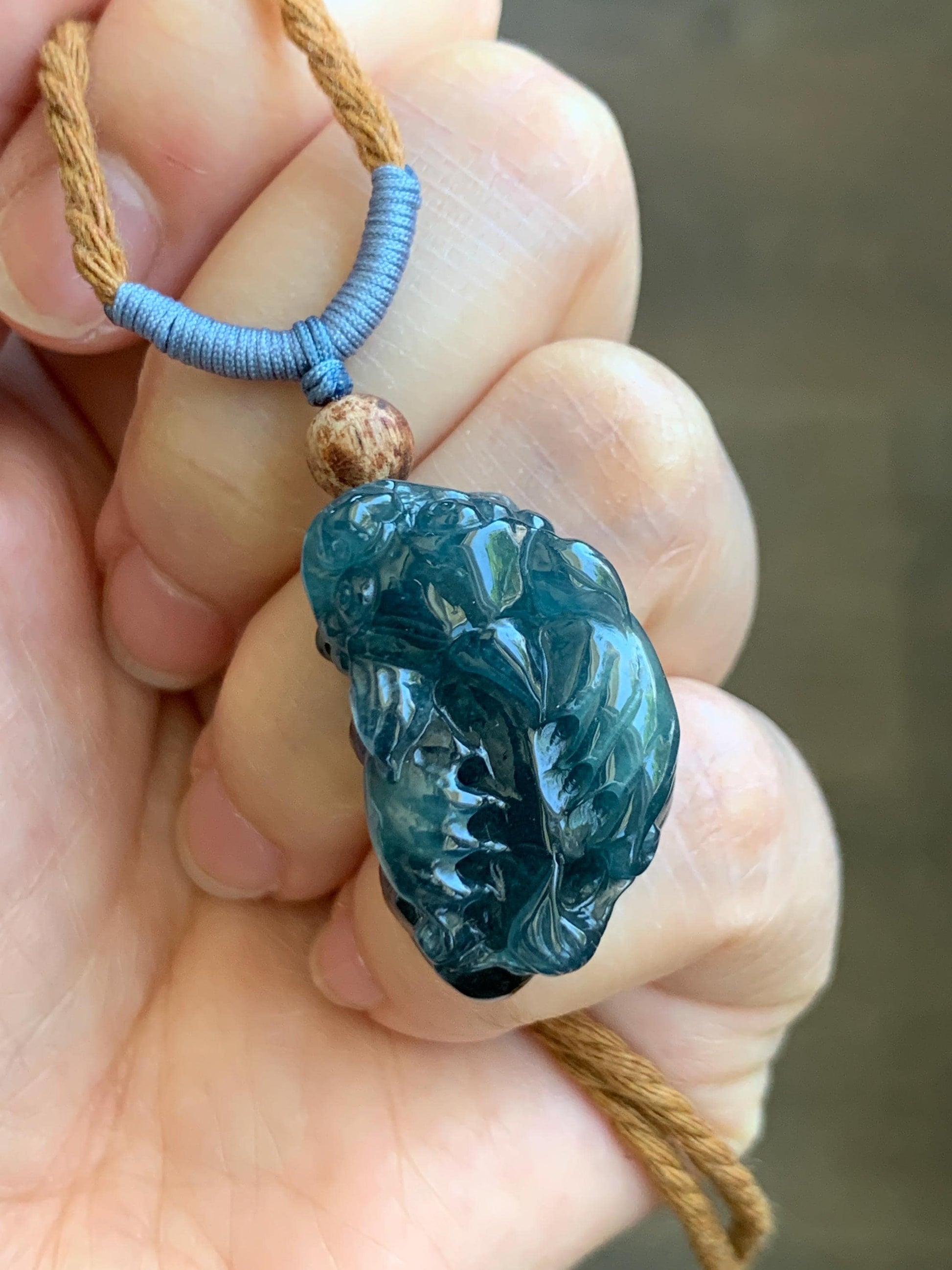 Certified Natural Guatemalan Icy Translucent Gelatinous Dark Teal Blue Jadeite Pixiu Pendant Rope Necklace 26" 11.5g 天然老种冰危深蓝翡翠飞天貔貅吊坠 1154