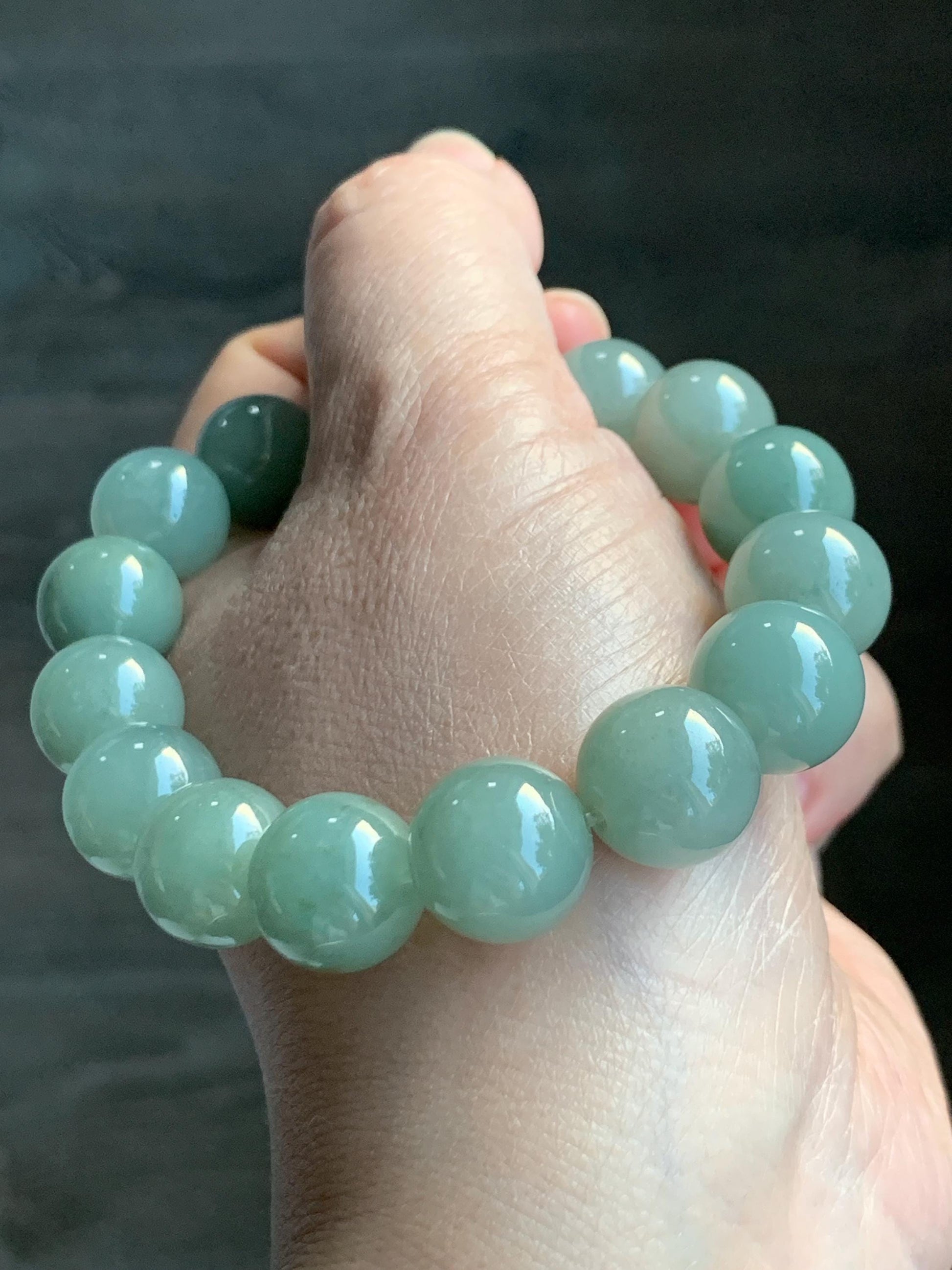 Natural Grade A Icy Translucent Pastel Dusty Green Jade Jadeite Large Beads Beaded Bracelet Stretchy 7.5” 59g 天然冰细糯油青翡翠大卡手串 MYQ650B