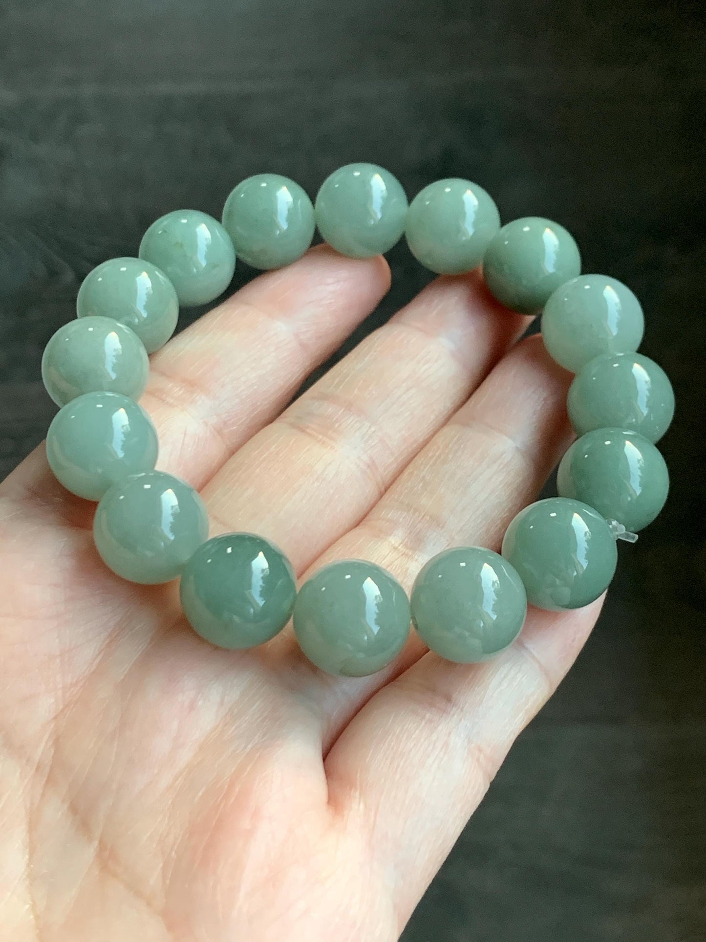 Natural Grade A Icy Translucent Pastel Dusty Green Jade Jadeite Large Beads Beaded Bracelet Stretchy 7.5” 59g 天然冰细糯油青翡翠大卡手串 MYQ650B